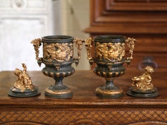 Pair of 19th Century French Neoclassical Painted Bronze and Gilt Bacchus Urns