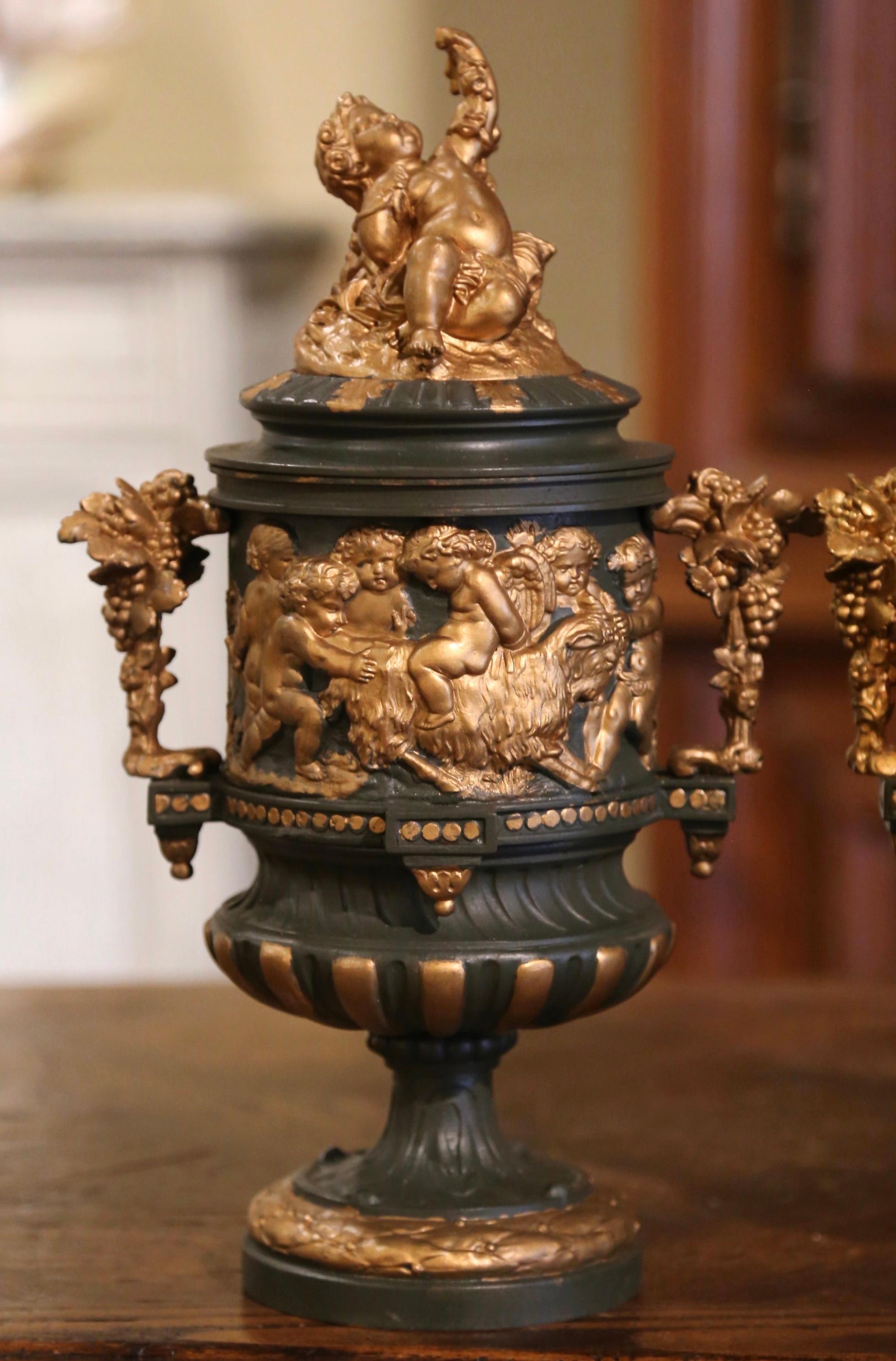 Patinated Pair of 19th Century French Neoclassical Painted Bronze and Gilt Bacchus Urns