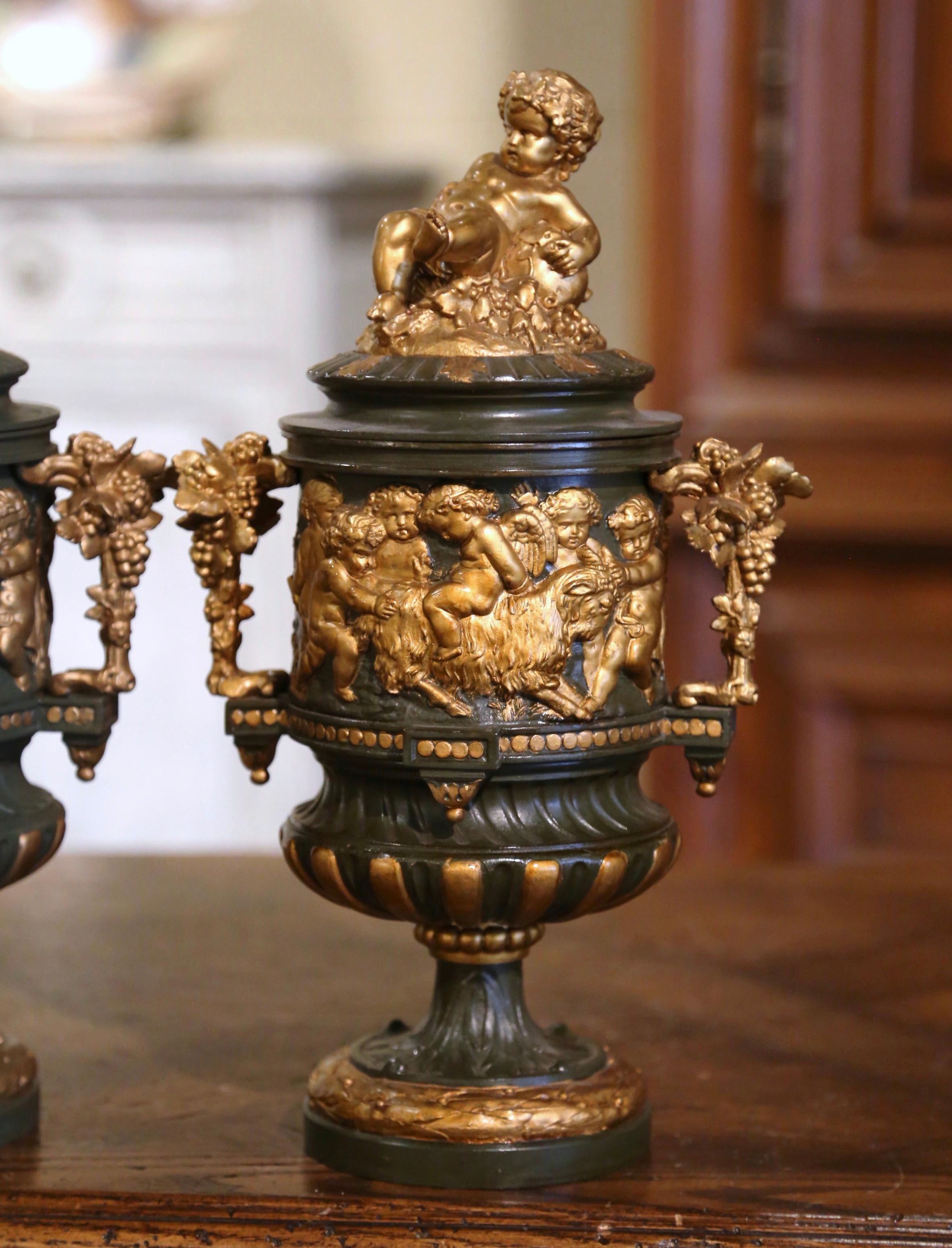 Pair of 19th Century French Neoclassical Painted Bronze and Gilt Bacchus Urns In Excellent Condition In Dallas, TX