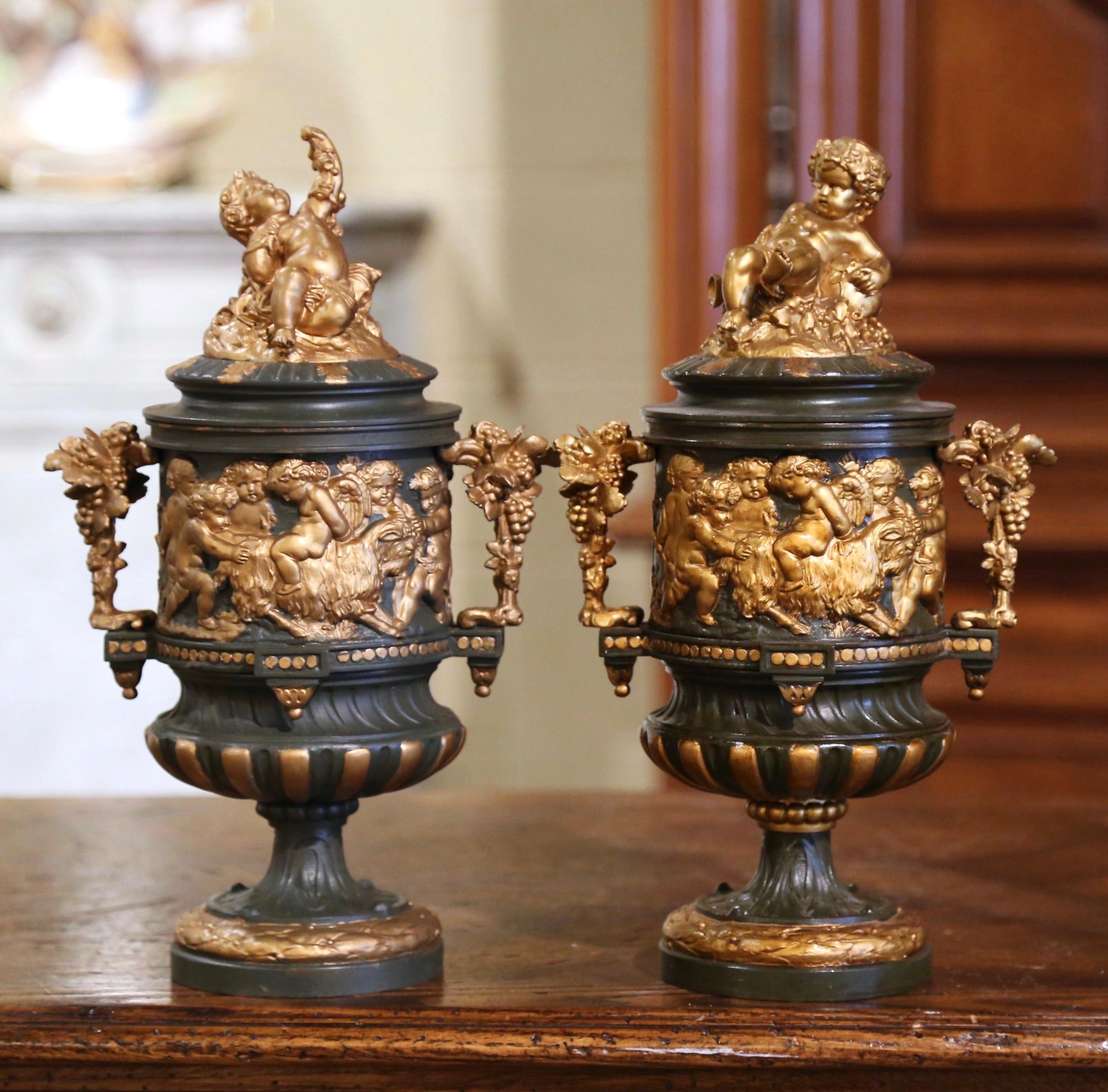 Pair of 19th Century French Neoclassical Painted Bronze and Gilt Bacchus Urns 1