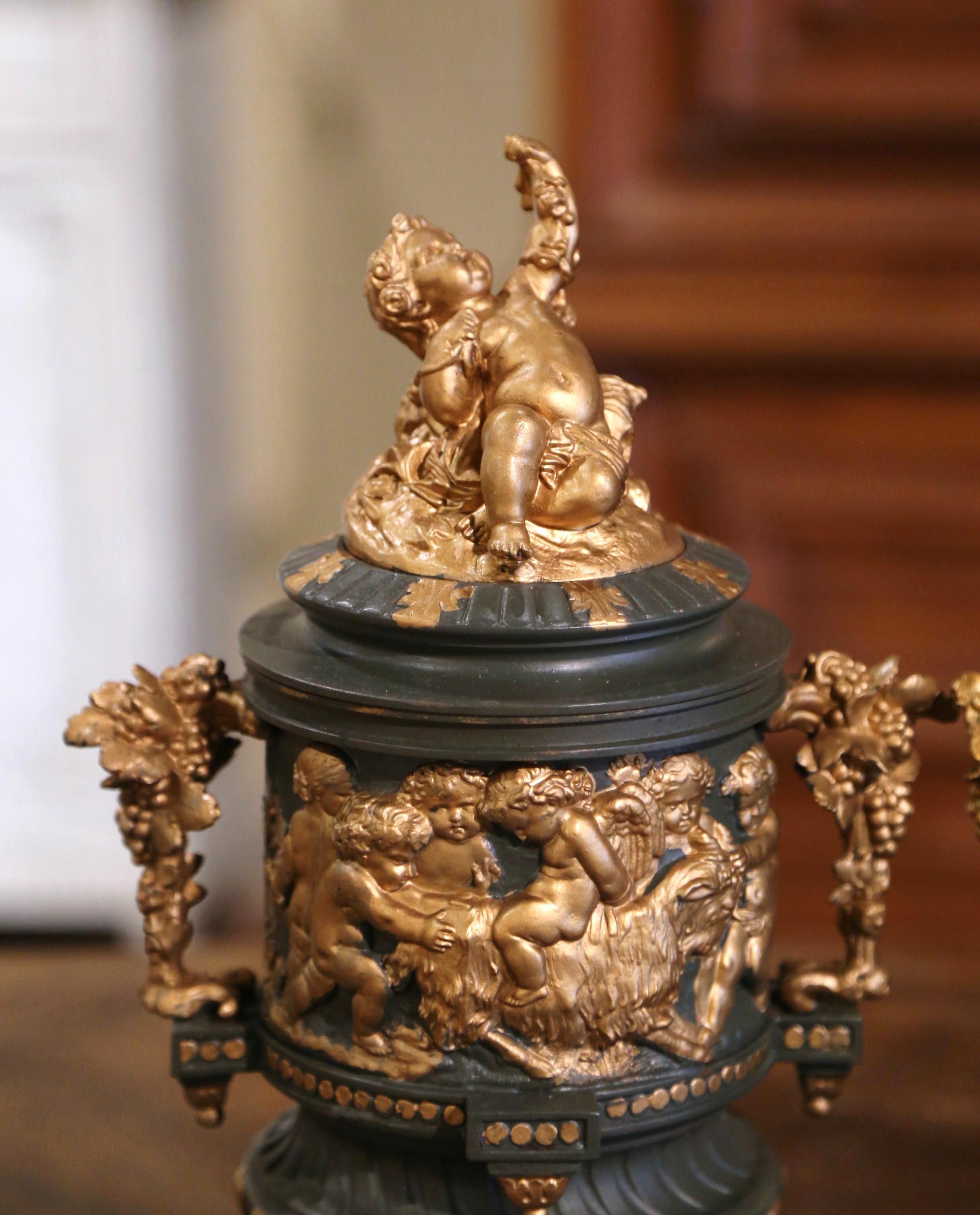 Pair of 19th Century French Neoclassical Painted Bronze and Gilt Bacchus Urns 2