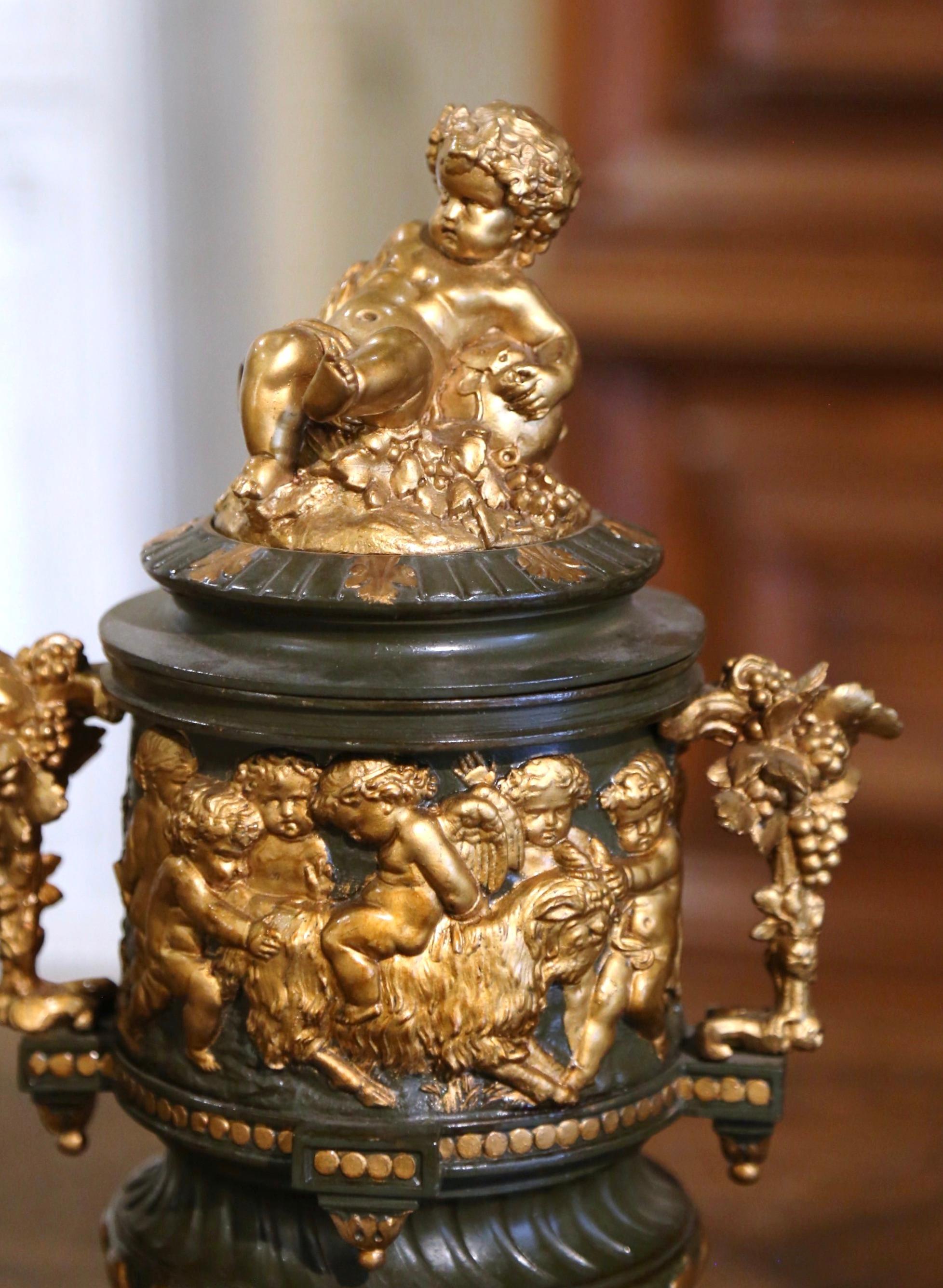Pair of 19th Century French Neoclassical Painted Bronze and Gilt Bacchus Urns 3
