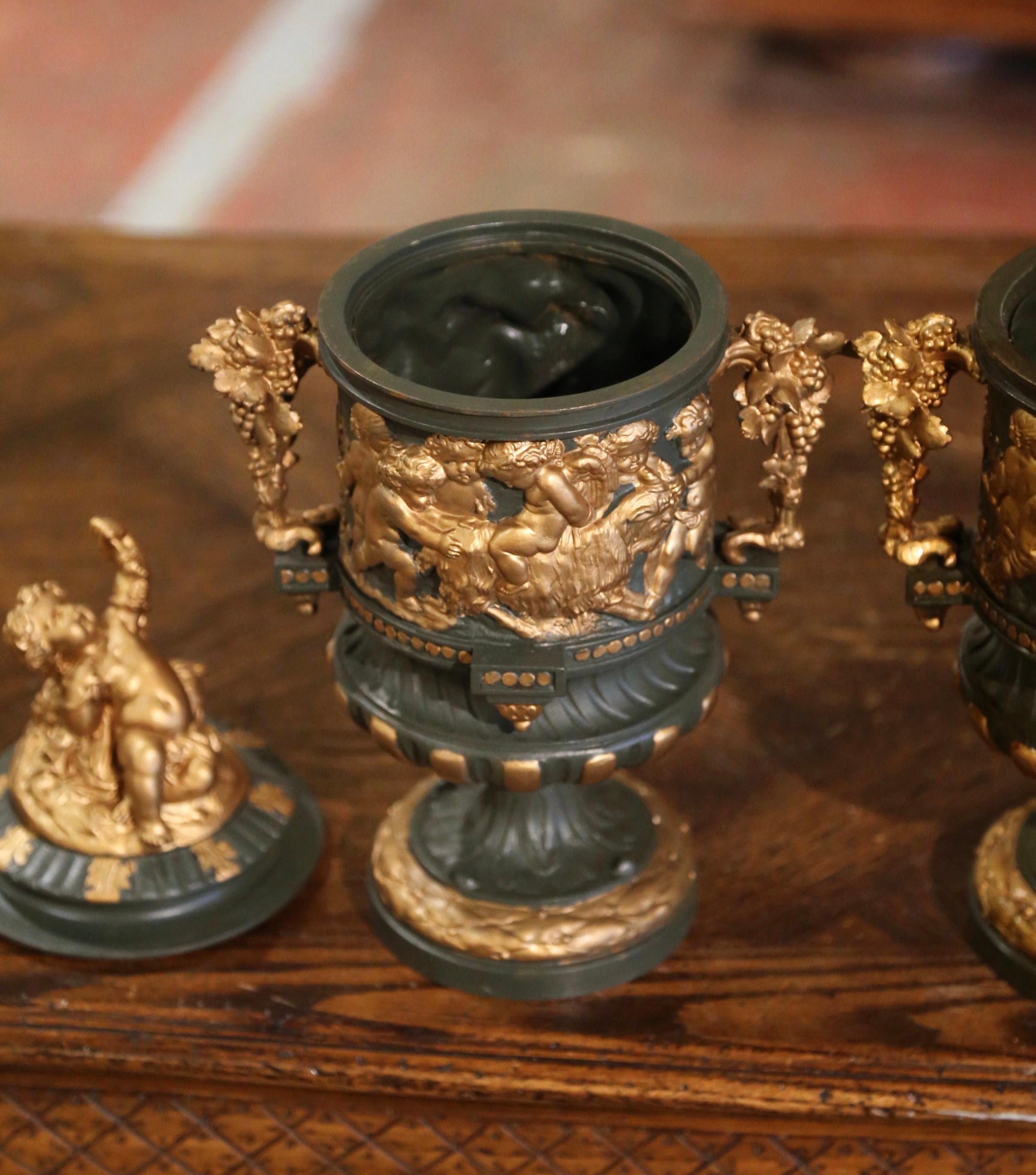 Pair of 19th Century French Neoclassical Painted Bronze and Gilt Bacchus Urns 4