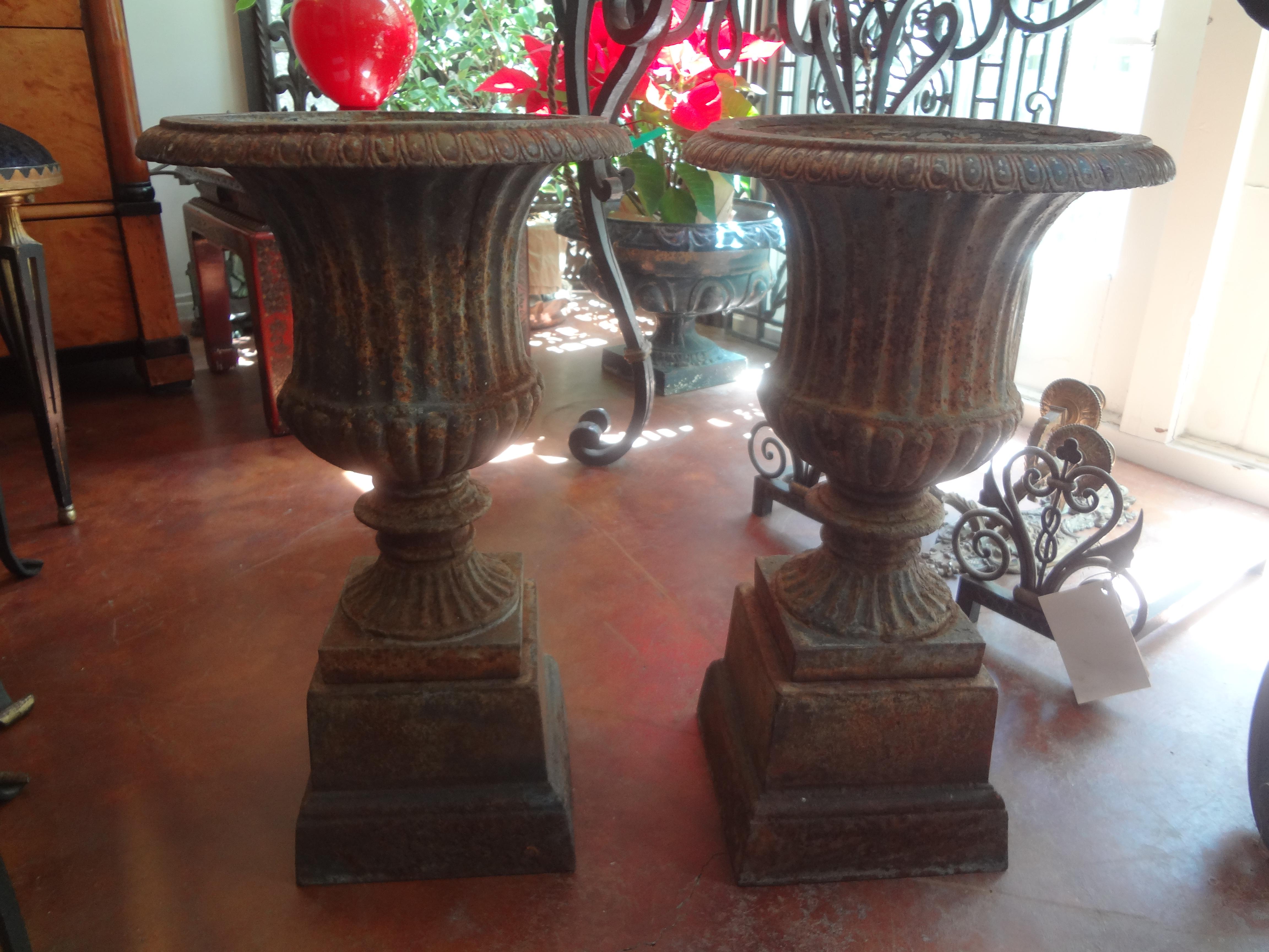 Pair of 19th century French Neoclassical style iron garden urns on plinths. These beautiful French cast iron campana garden urns, planters or jardinieres can be used indoors or outdoors.
Great condition.
Dimensions:
Urns-14 inches H
 11.25 inches