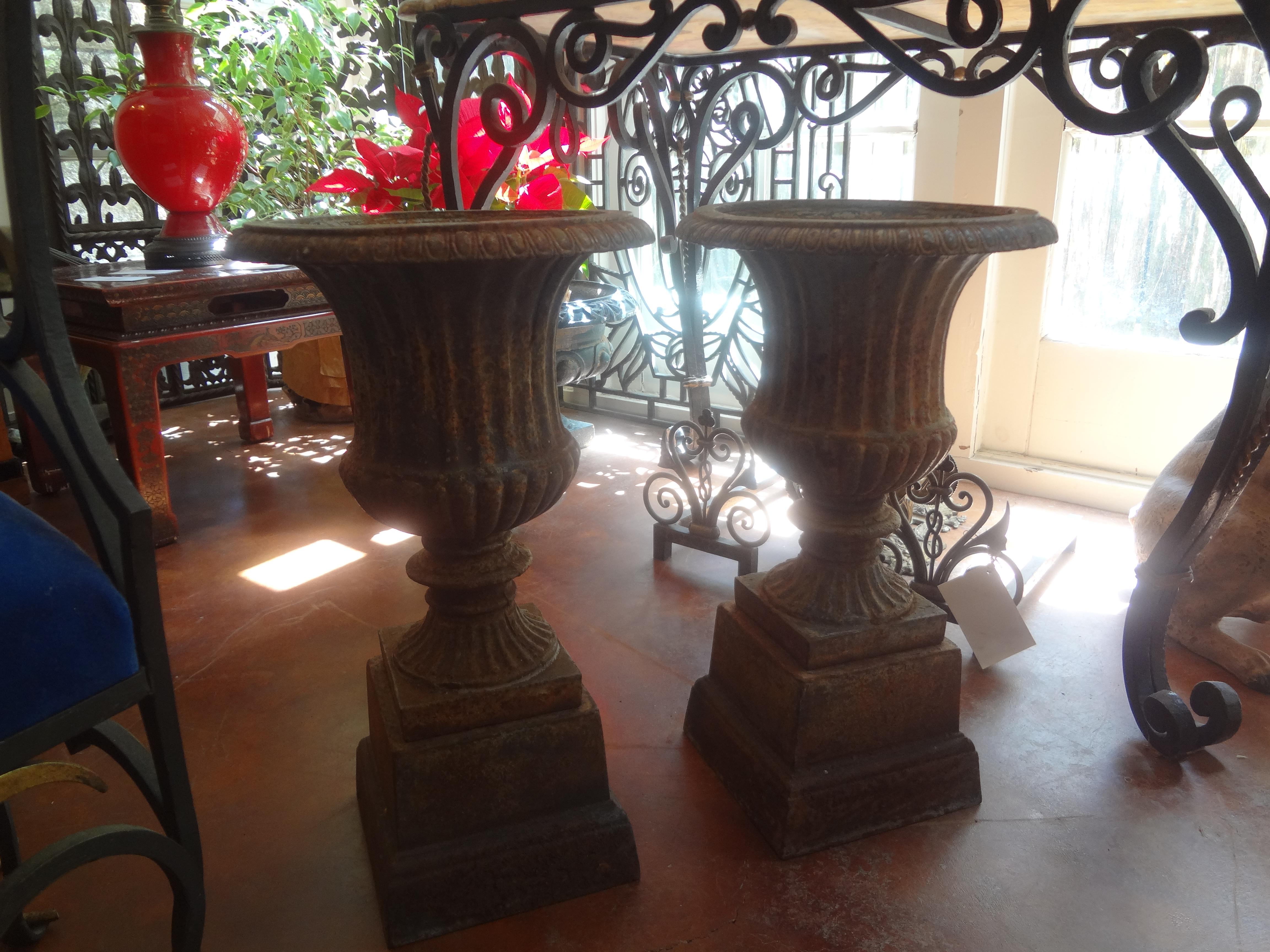Late 19th Century Pair of 19th Century French Neoclassical Style Iron Urns on Plinths For Sale