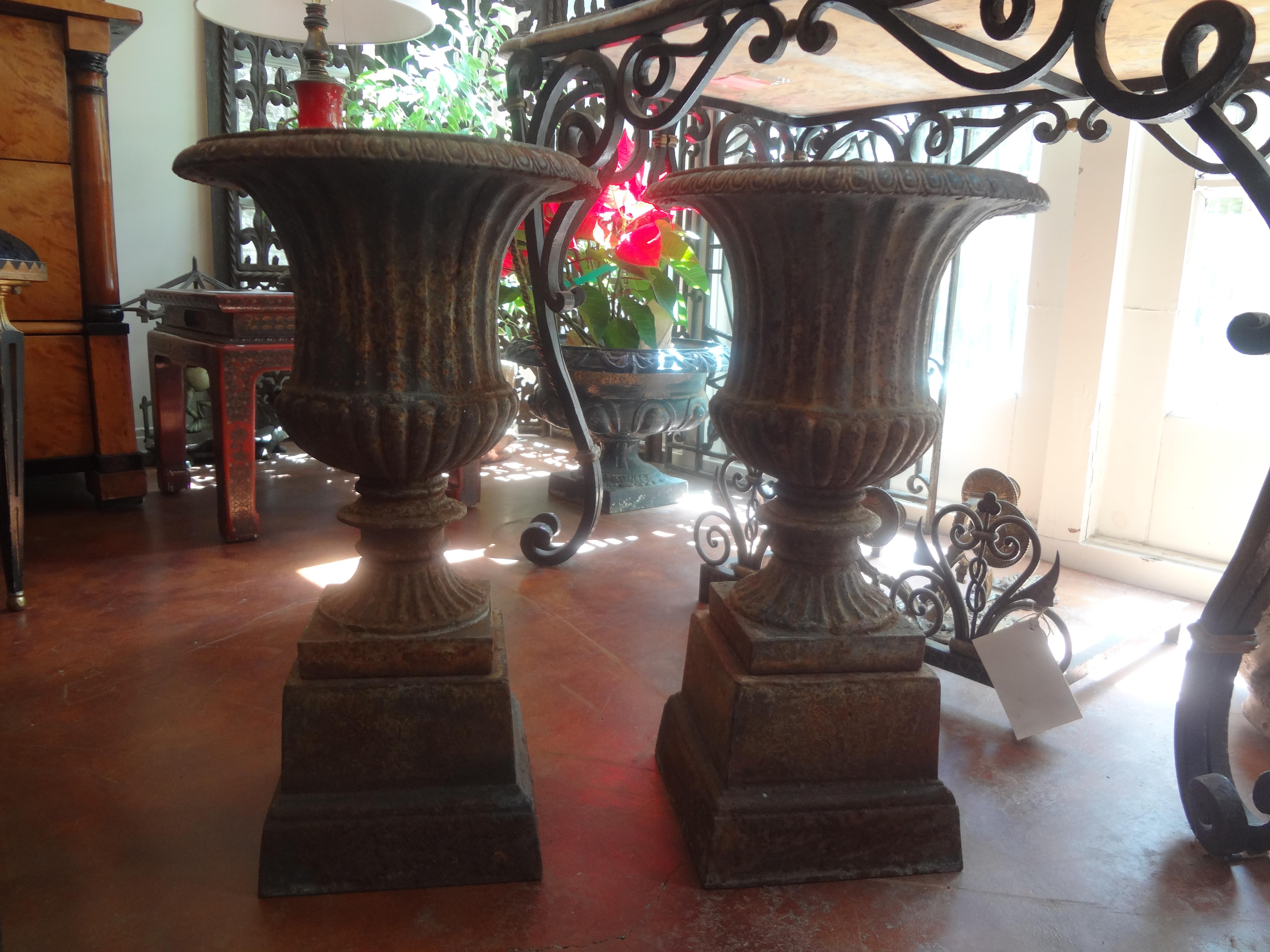 Pair of 19th Century French Neoclassical Style Iron Urns on Plinths For Sale 3