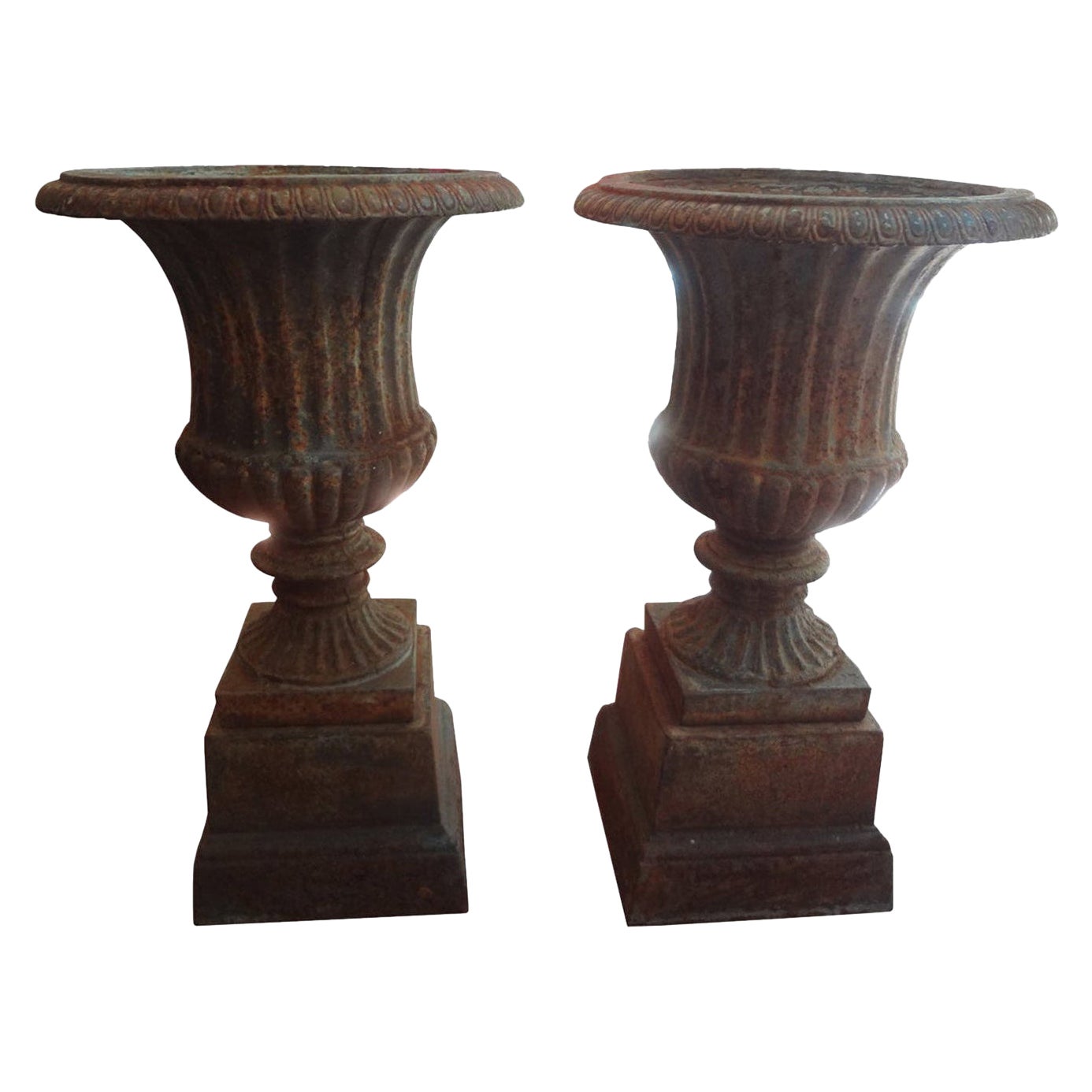 Pair of 19th Century French Neoclassical Style Iron Urns on Plinths