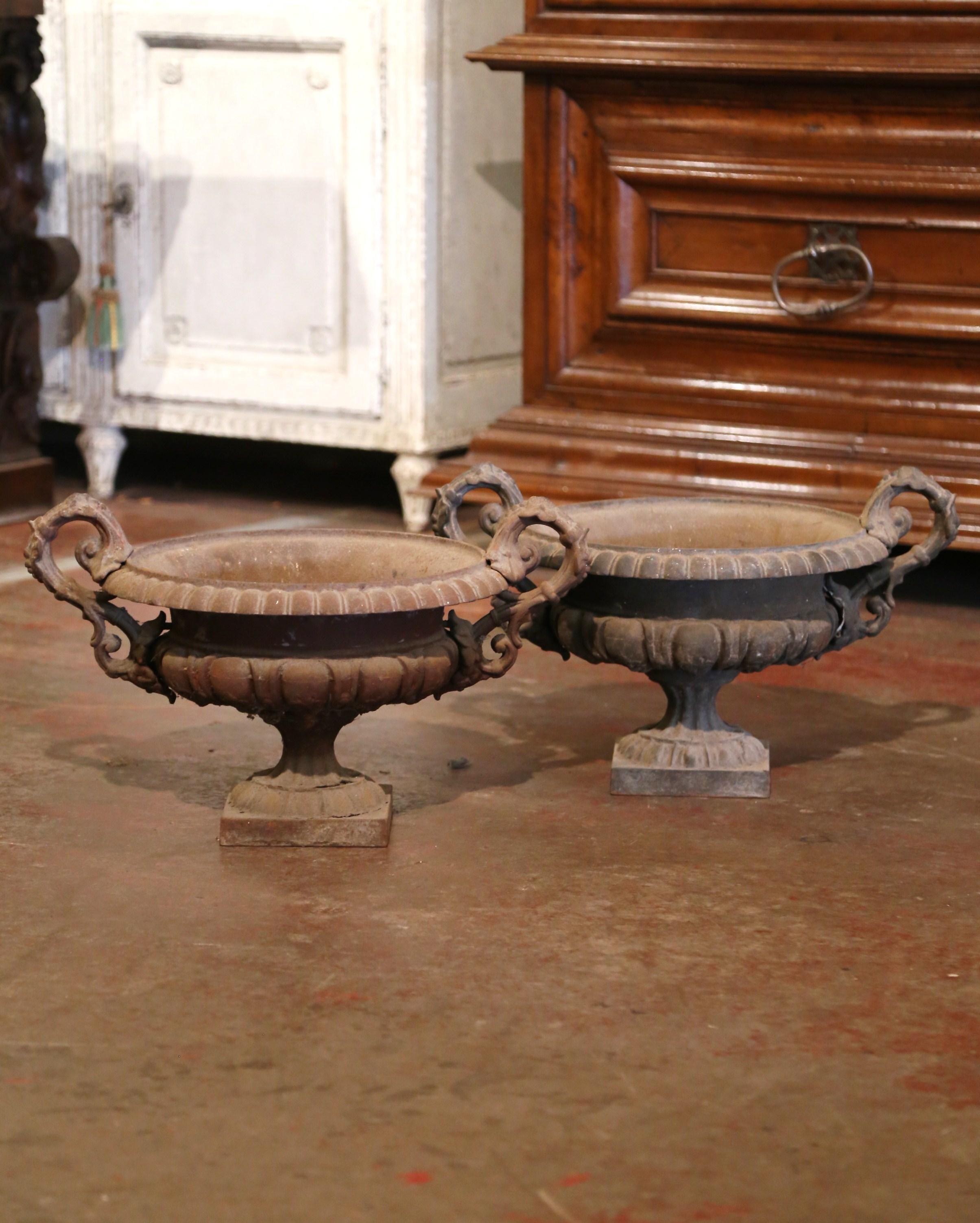Hand-Crafted Pair of 19th Century French Neoclassical Weathered Iron Garden Urn Planters For Sale