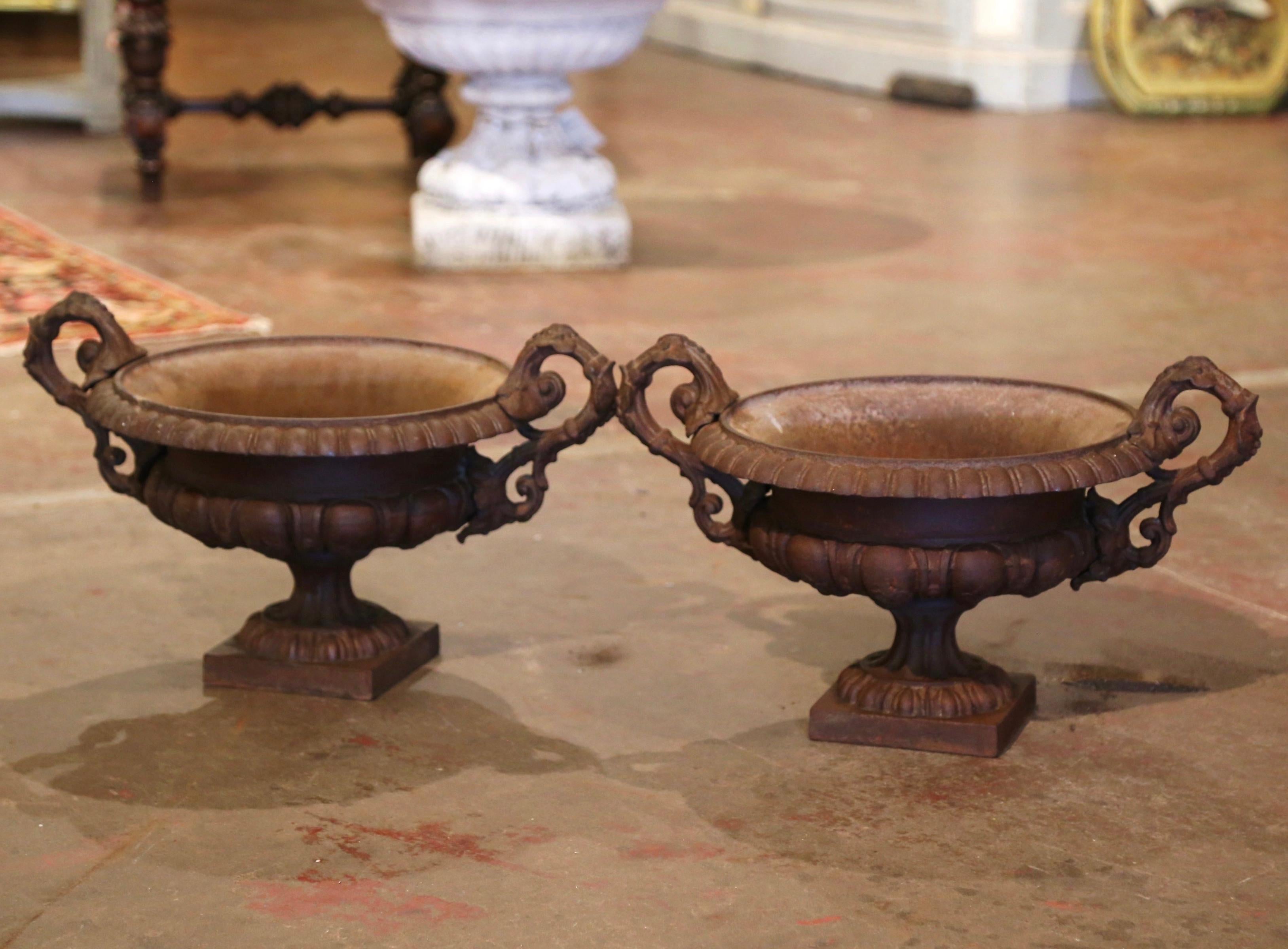 Pair of 19th Century French Neoclassical Weathered Iron Garden Urn Planters 1
