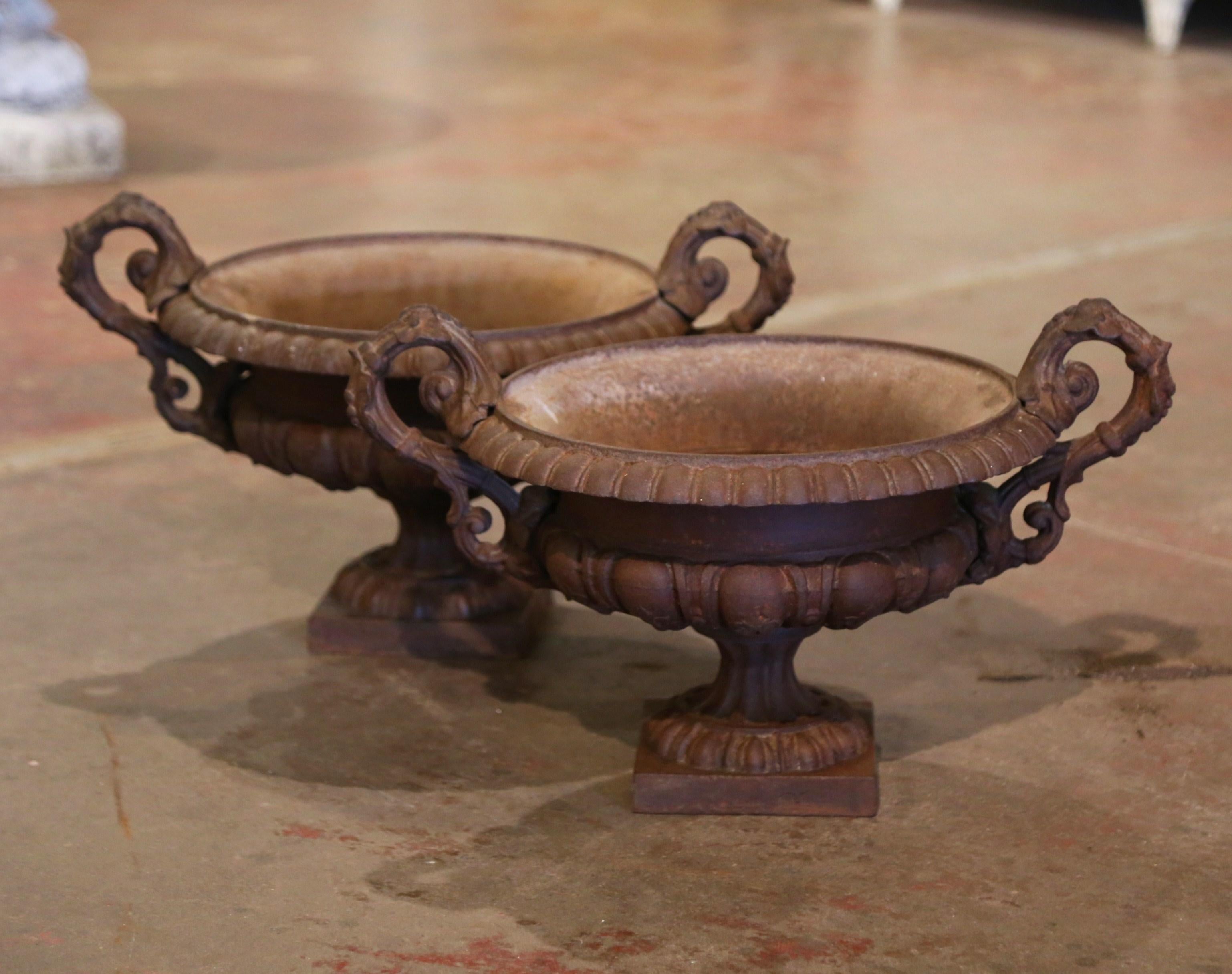 Pair of 19th Century French Neoclassical Weathered Iron Garden Urn Planters 2
