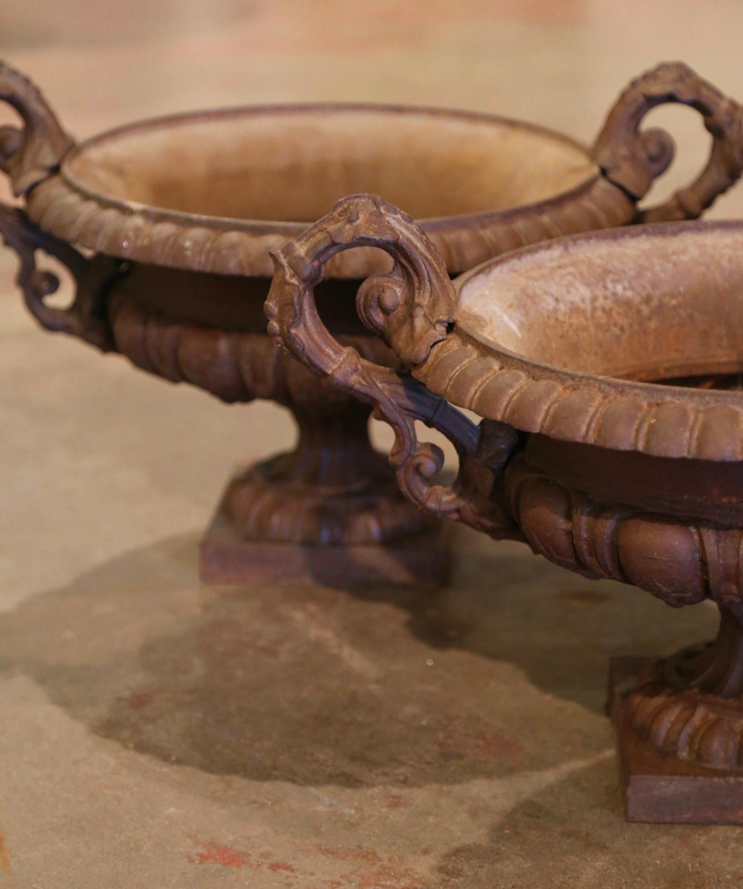 Pair of 19th Century French Neoclassical Weathered Iron Garden Urn Planters 3