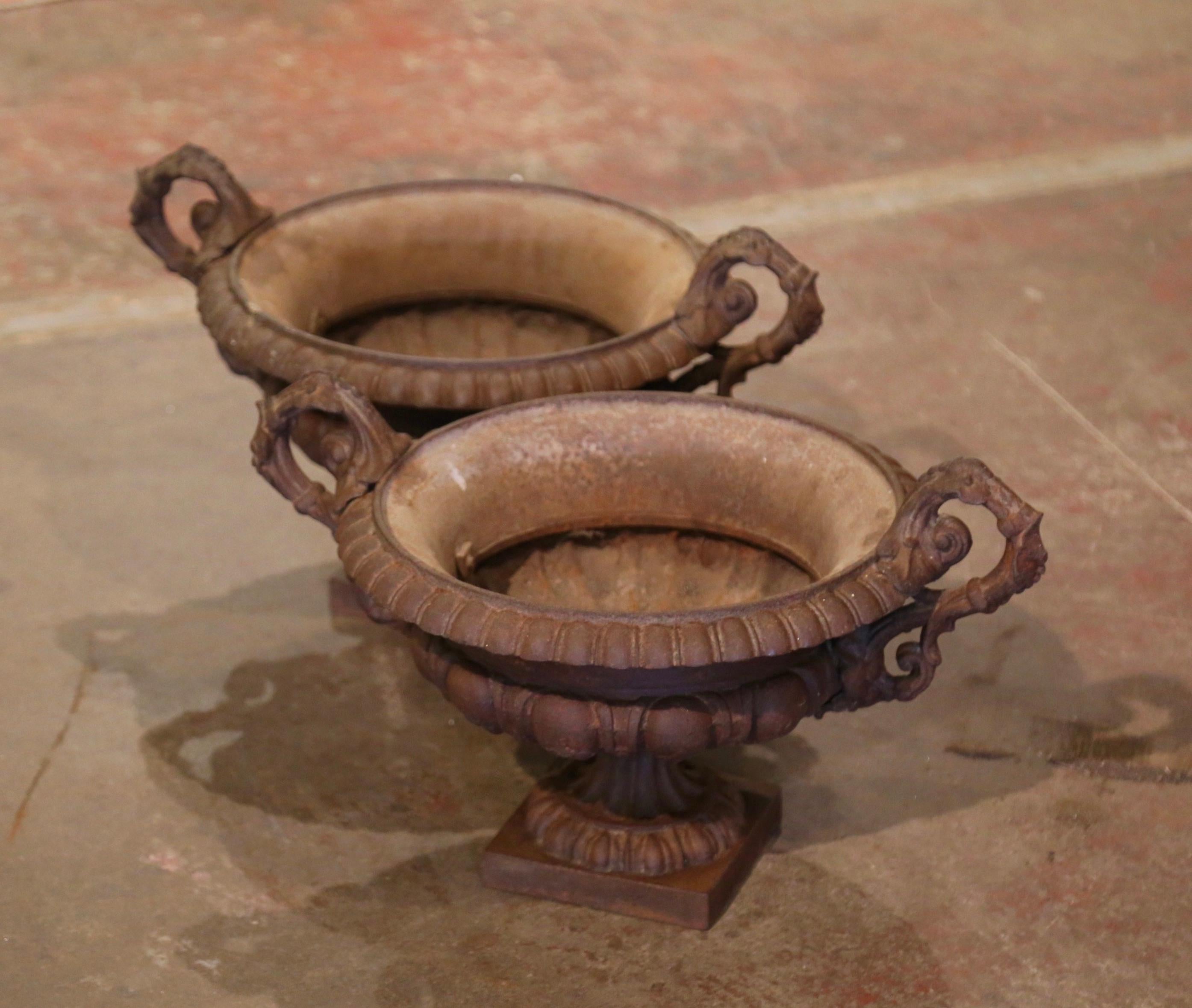 Pair of 19th Century French Neoclassical Weathered Iron Garden Urn Planters 5