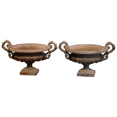 Pair of 19th Century French Neoclassical Weathered Iron Garden Urn Planters Pair of 19th Century French Neoclassical Weathered Iron Garden Urn Planters