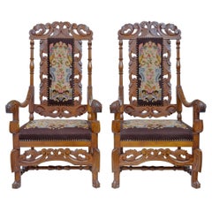 Pair of 19th Century French Oak Throne Armchairs