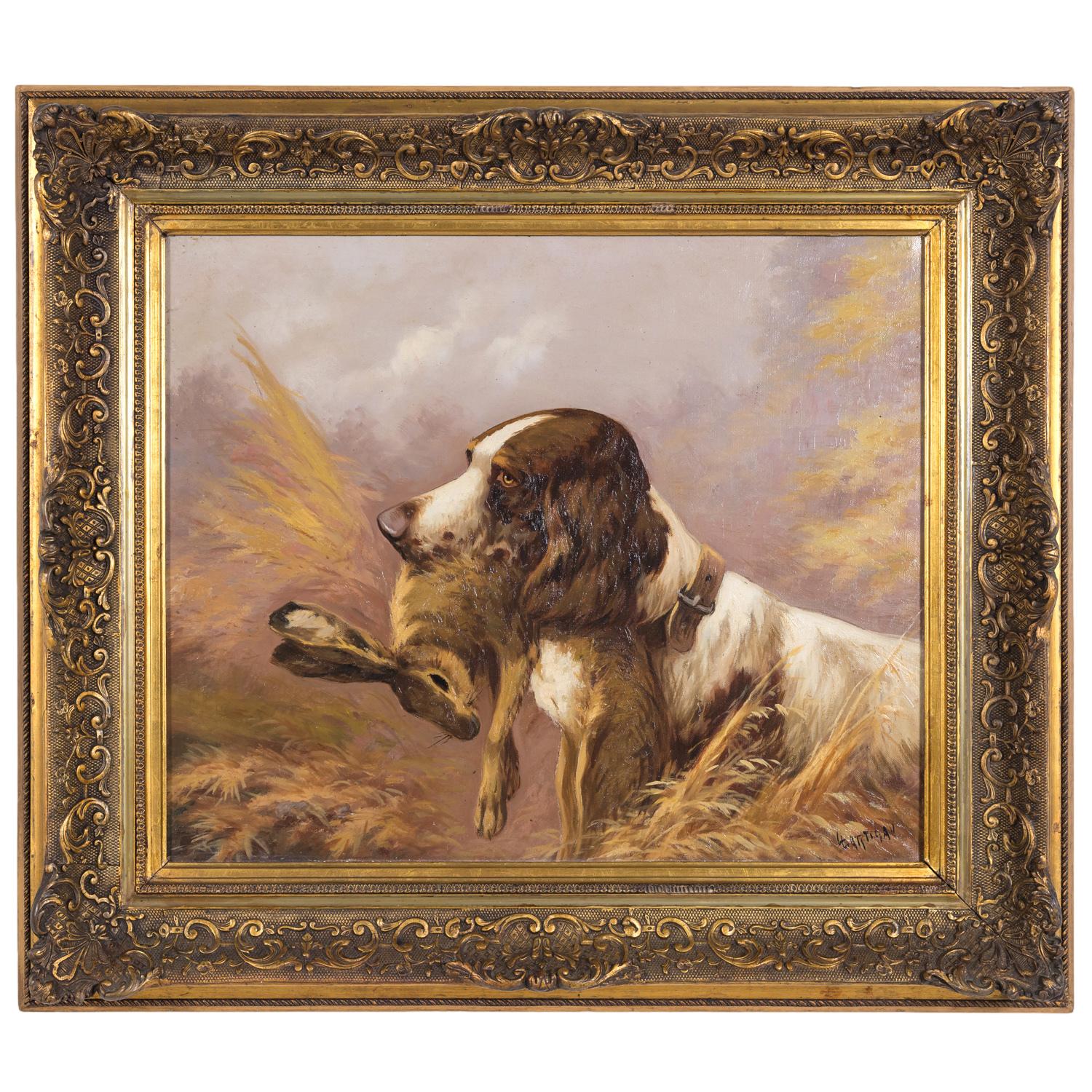 A stunning pair of 19th century original oil on canvas paintings by French artist Louis Lartigau, depicting Brittany Spaniels in the field with their trophies in mouth, one having retrieved a colorful pheasant and the other a large wild hare.
