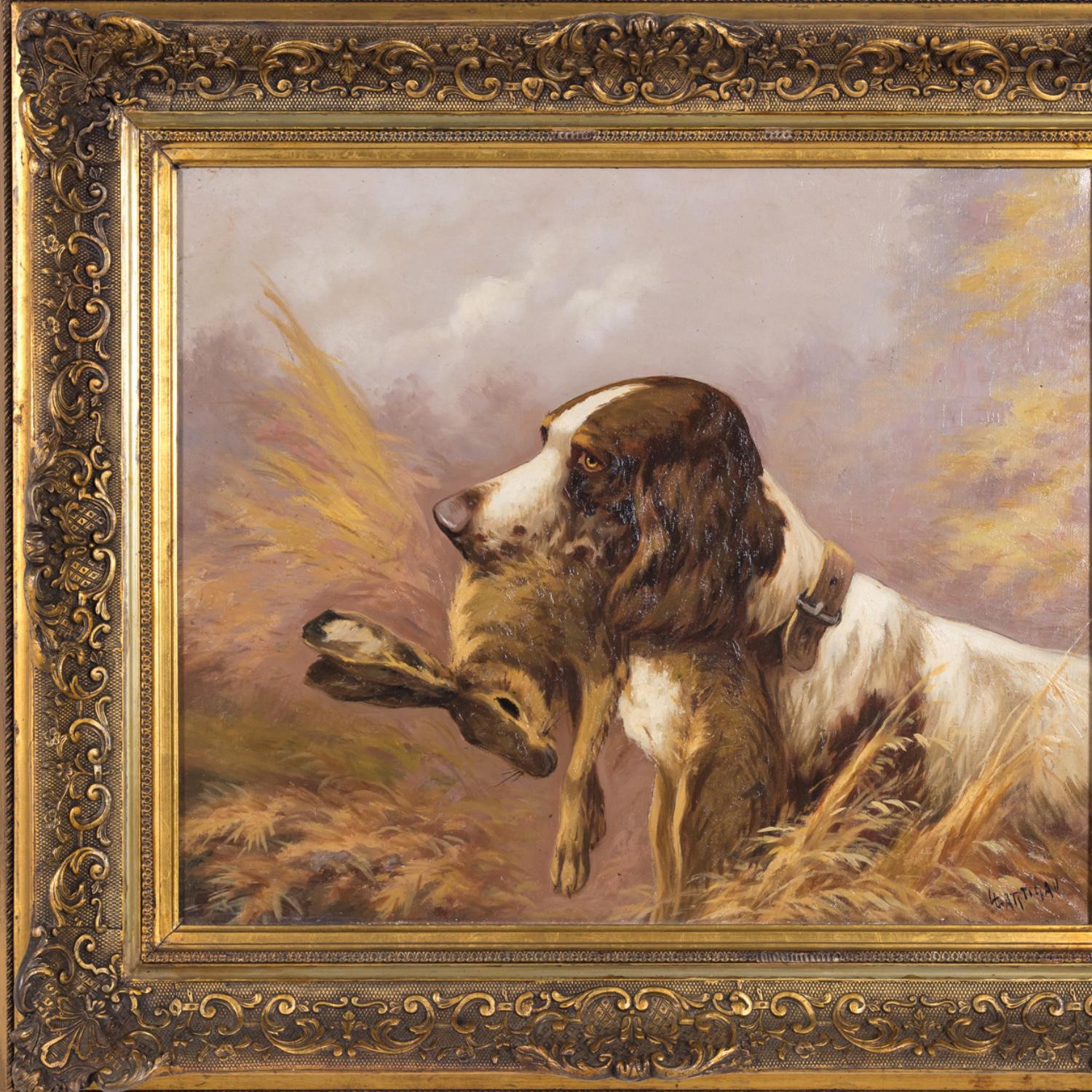 Hand-Painted Pair of 19th Century French Oil Hunting Dog Portraits, Signed Louis Lartigau For Sale