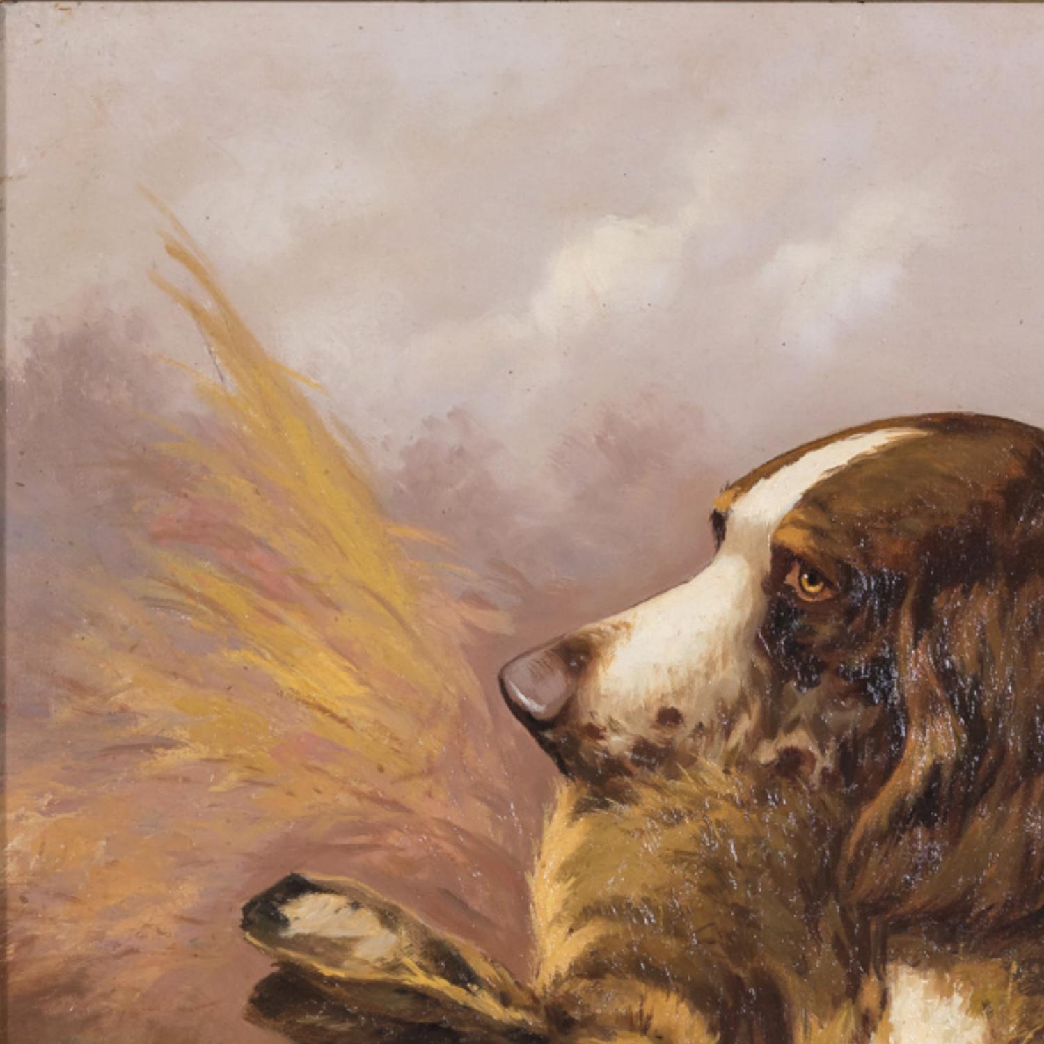 Pair of 19th Century French Oil Hunting Dog Portraits, Signed Louis Lartigau In Good Condition For Sale In Birmingham, AL