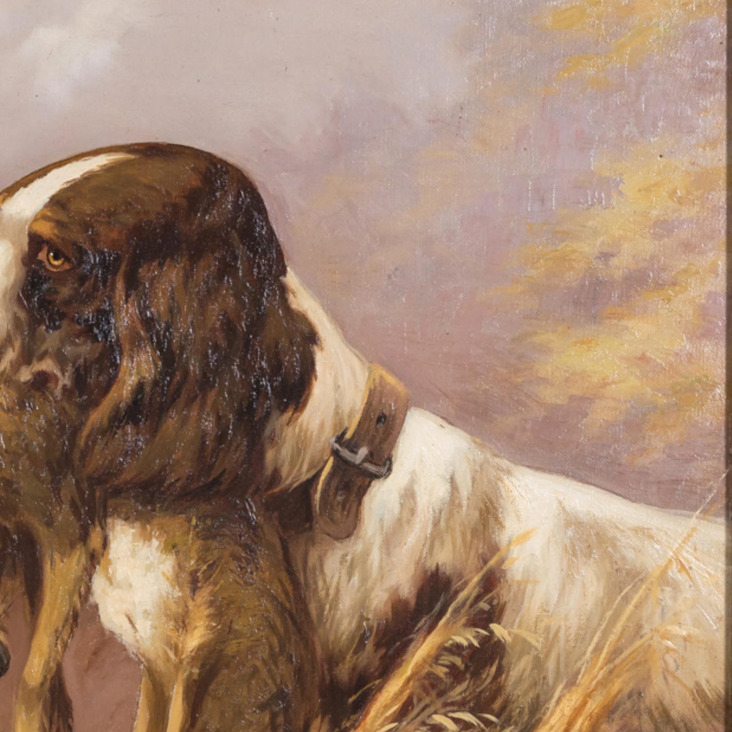 Canvas Pair of 19th Century French Oil Hunting Dog Portraits, Signed Louis Lartigau