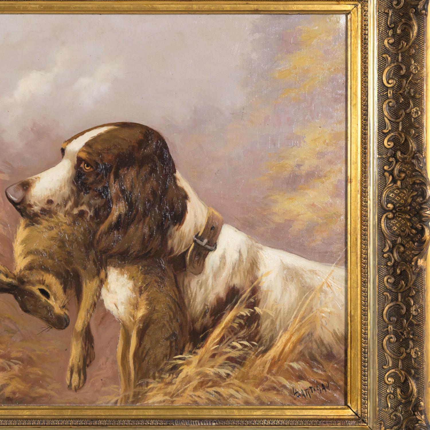 Pair of 19th Century French Oil Hunting Dog Portraits, Signed Louis Lartigau For Sale 1