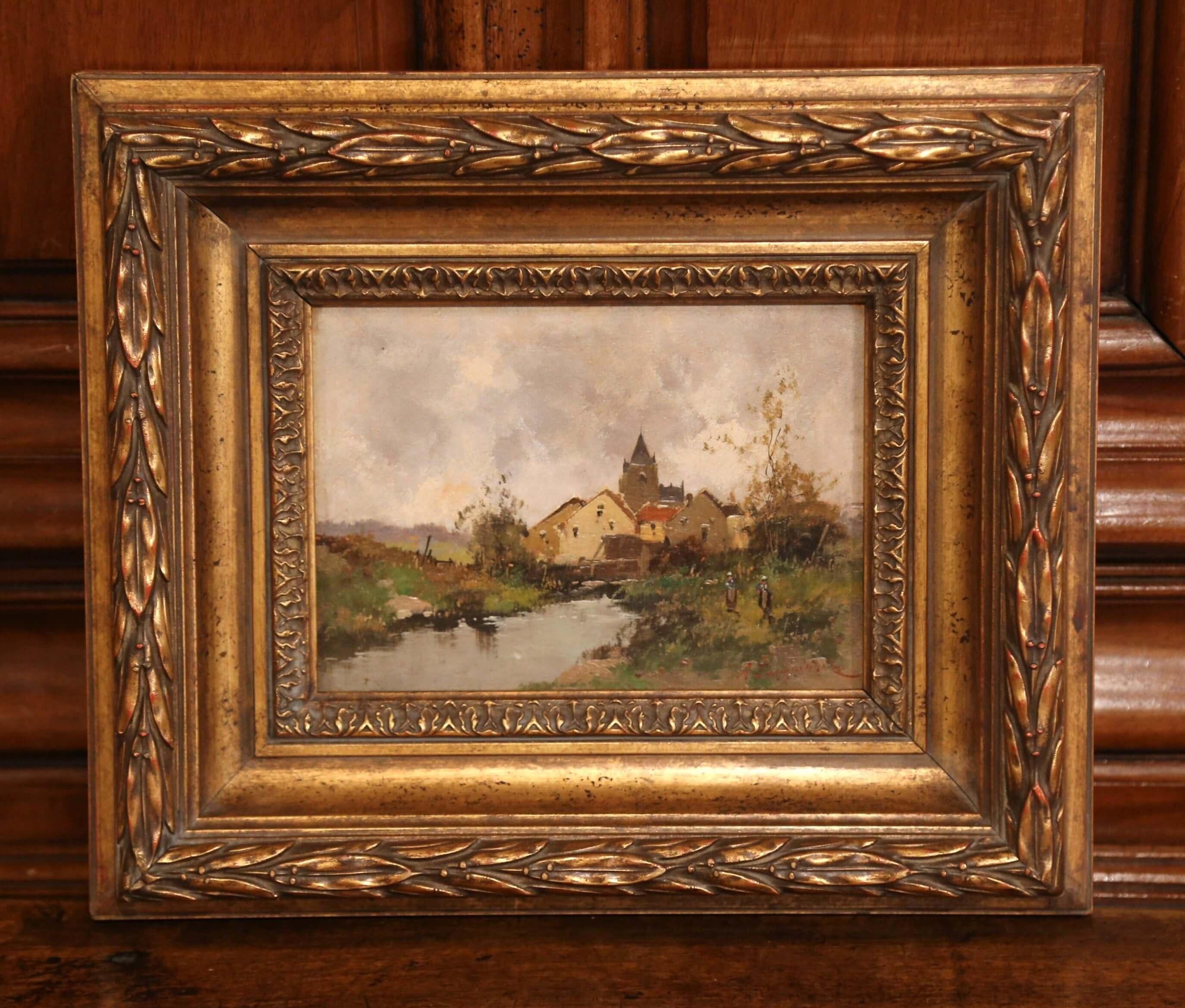 This pair of 19th century impressionist paintings feature two landscapes of rural, France. Set in carved, giltwood frames, the paintings are oil on board, and illustrate picturesque, countryside scenes. Both art works were done circa 1890, and are