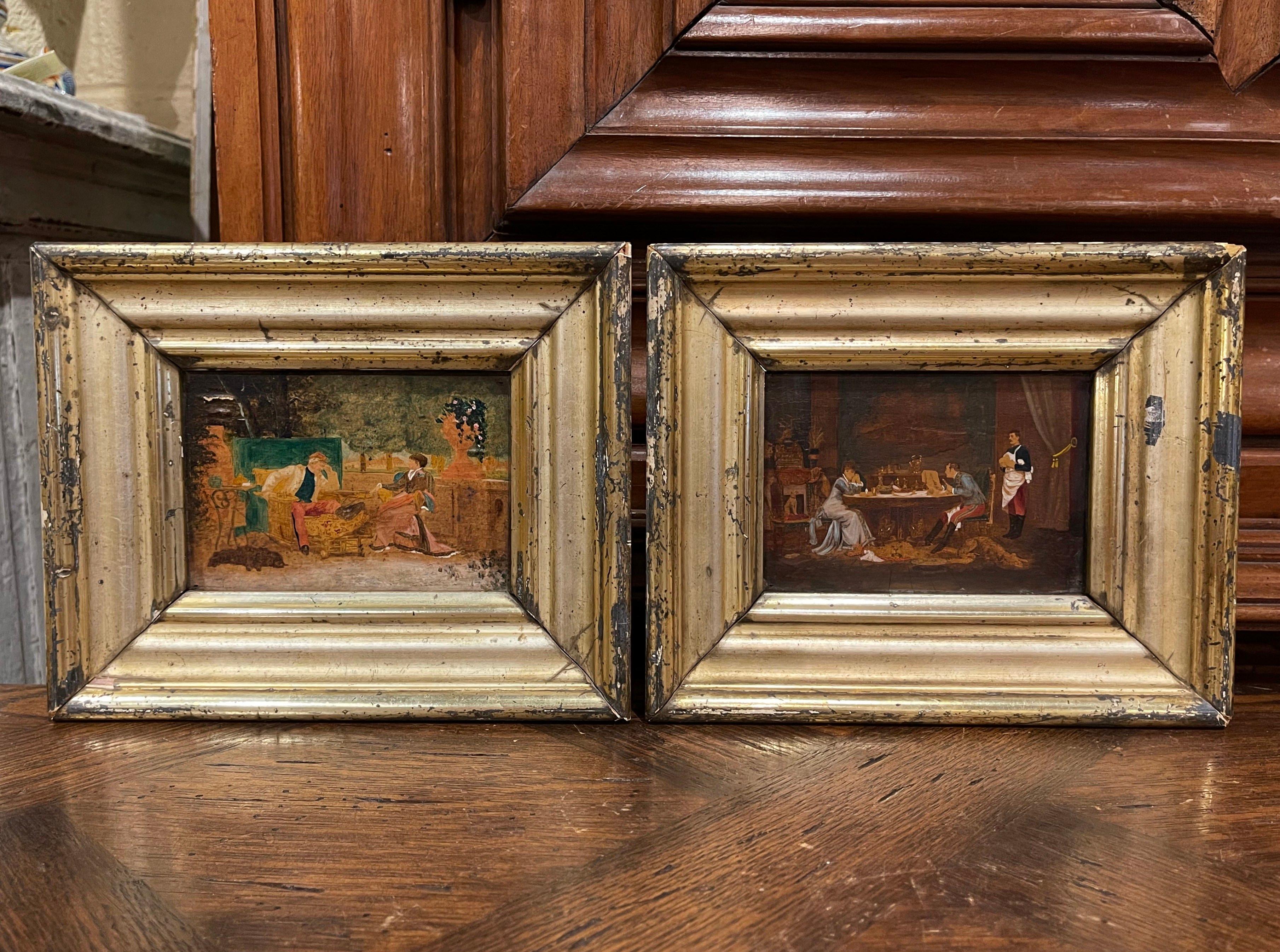 Hand-Painted Pair of 19th Century French Oil on Board Paintings in Carved Gilt Frames For Sale