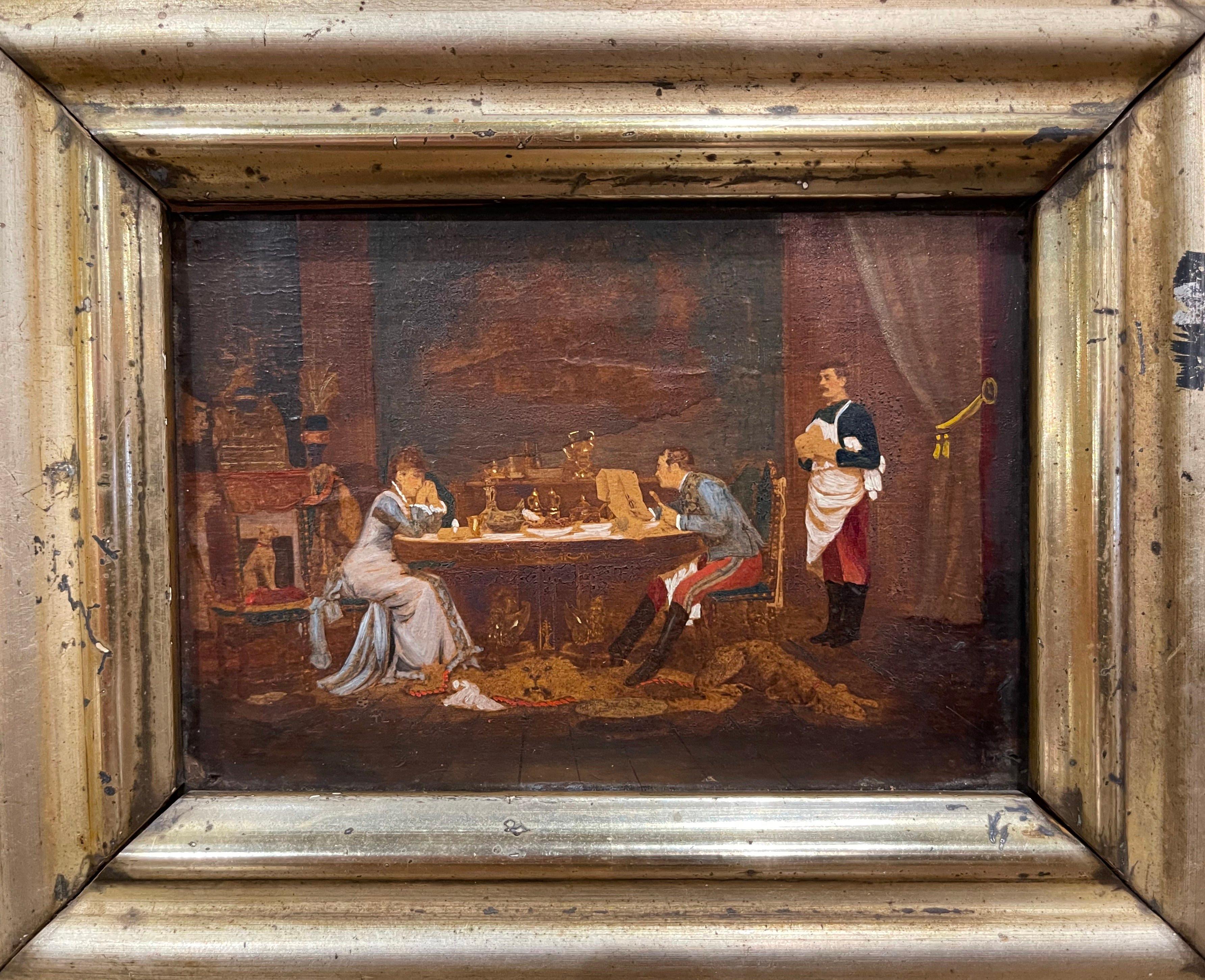 Giltwood Pair of 19th Century French Oil on Board Paintings in Carved Gilt Frames For Sale