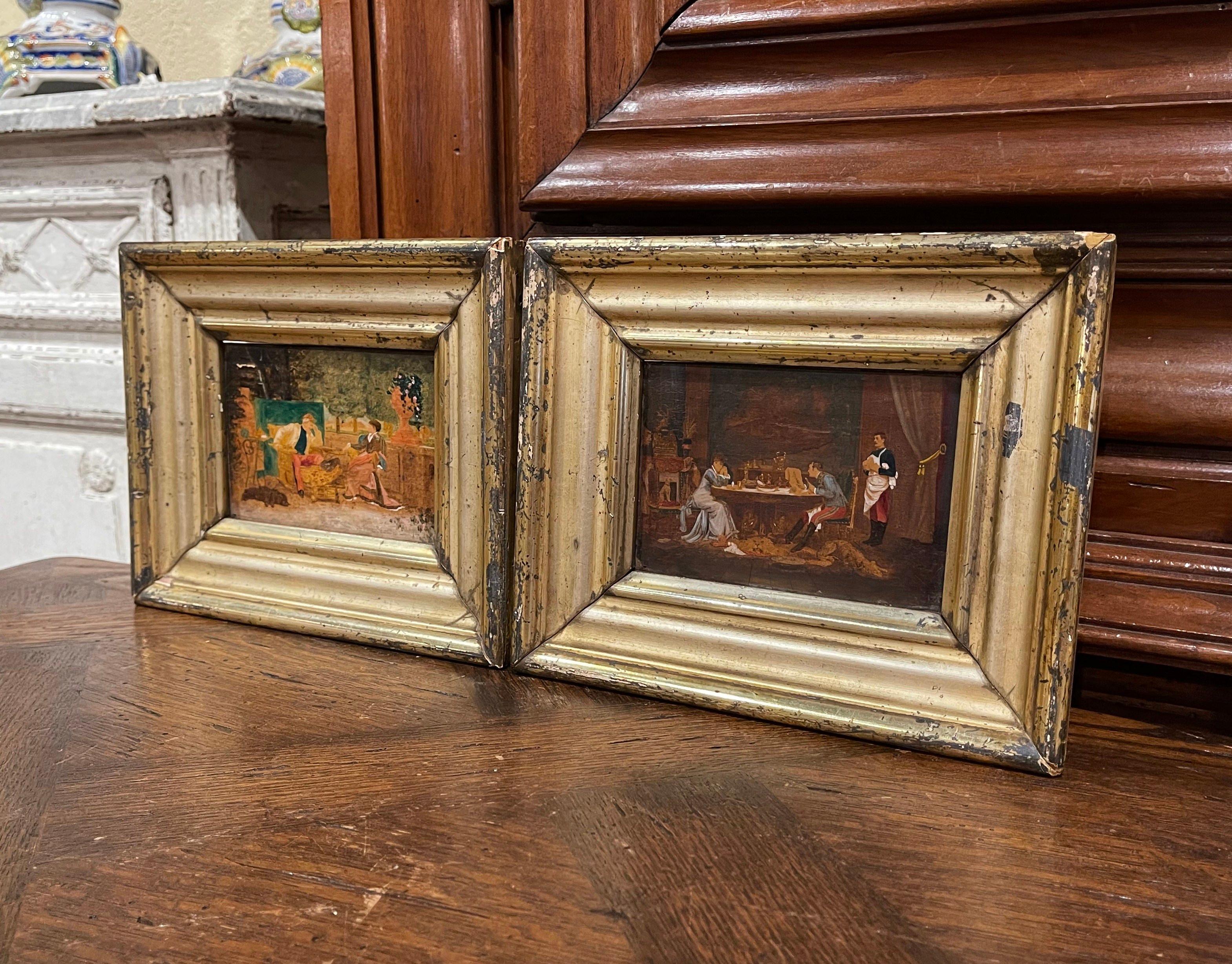 Pair of 19th Century French Oil on Board Paintings in Carved Gilt Frames For Sale 1
