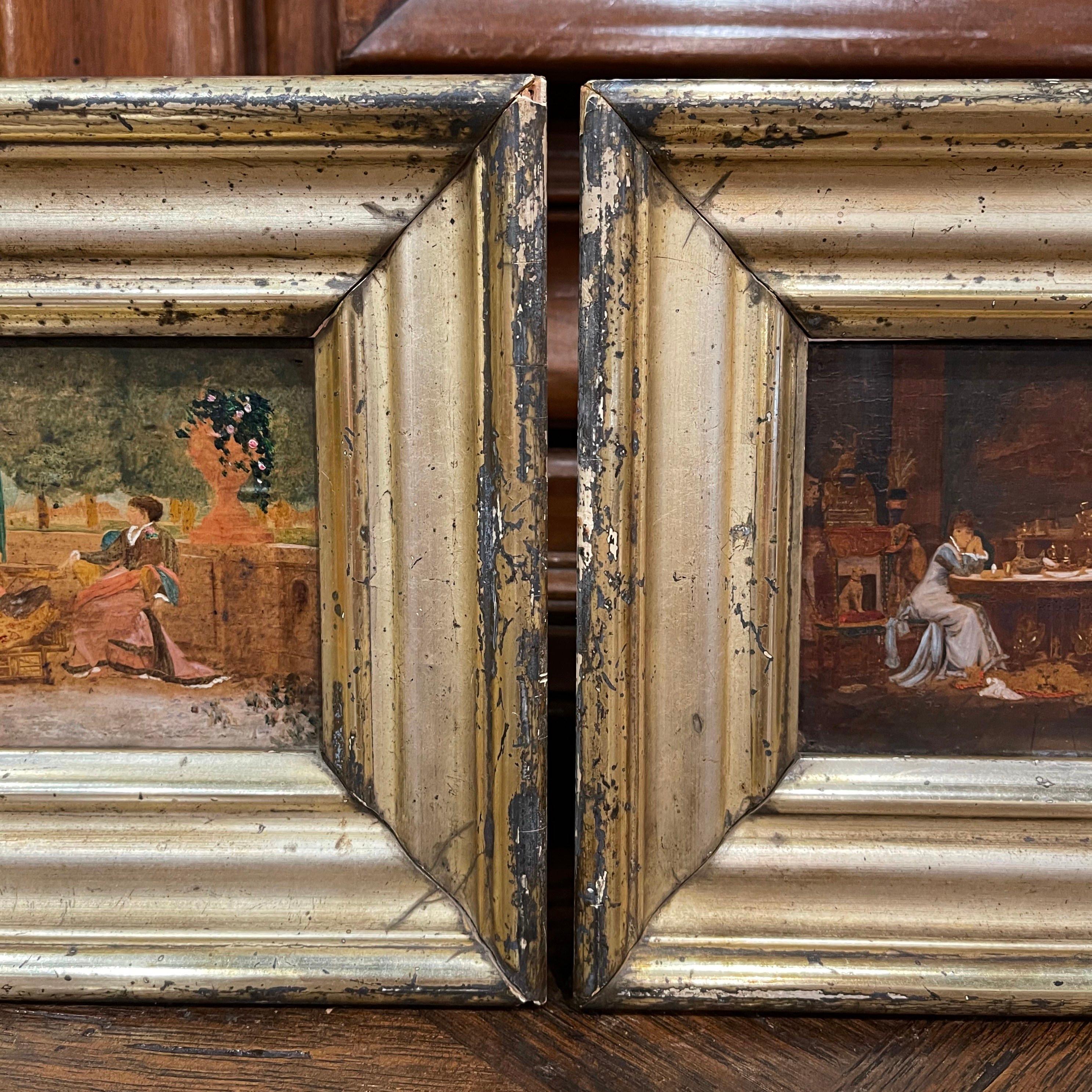 Pair of 19th Century French Oil on Board Paintings in Carved Gilt Frames For Sale 2