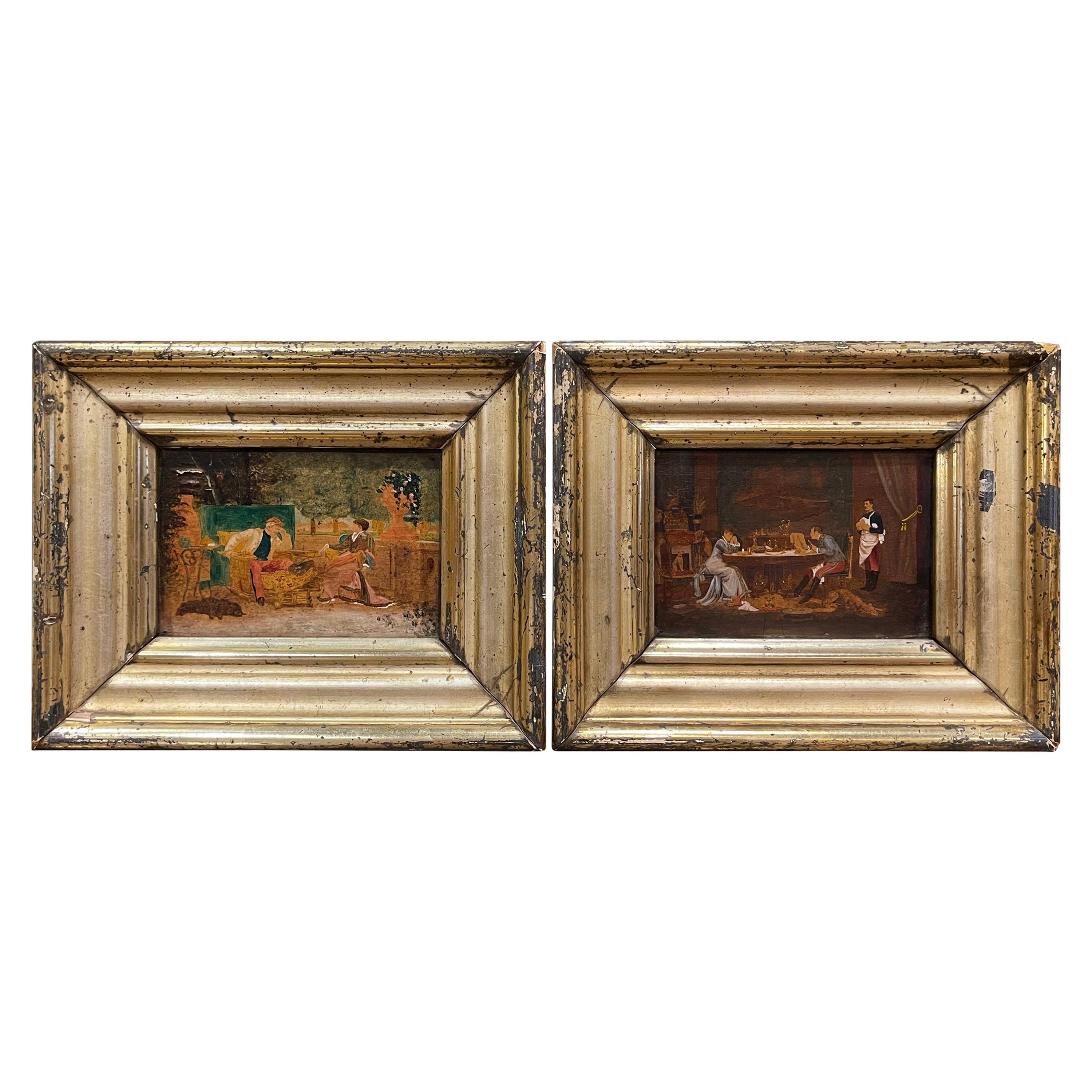 Paar französische Ölgemälde auf Karton aus dem 19. Jahrhundert in geschnitzten, vergoldeten Rahmen