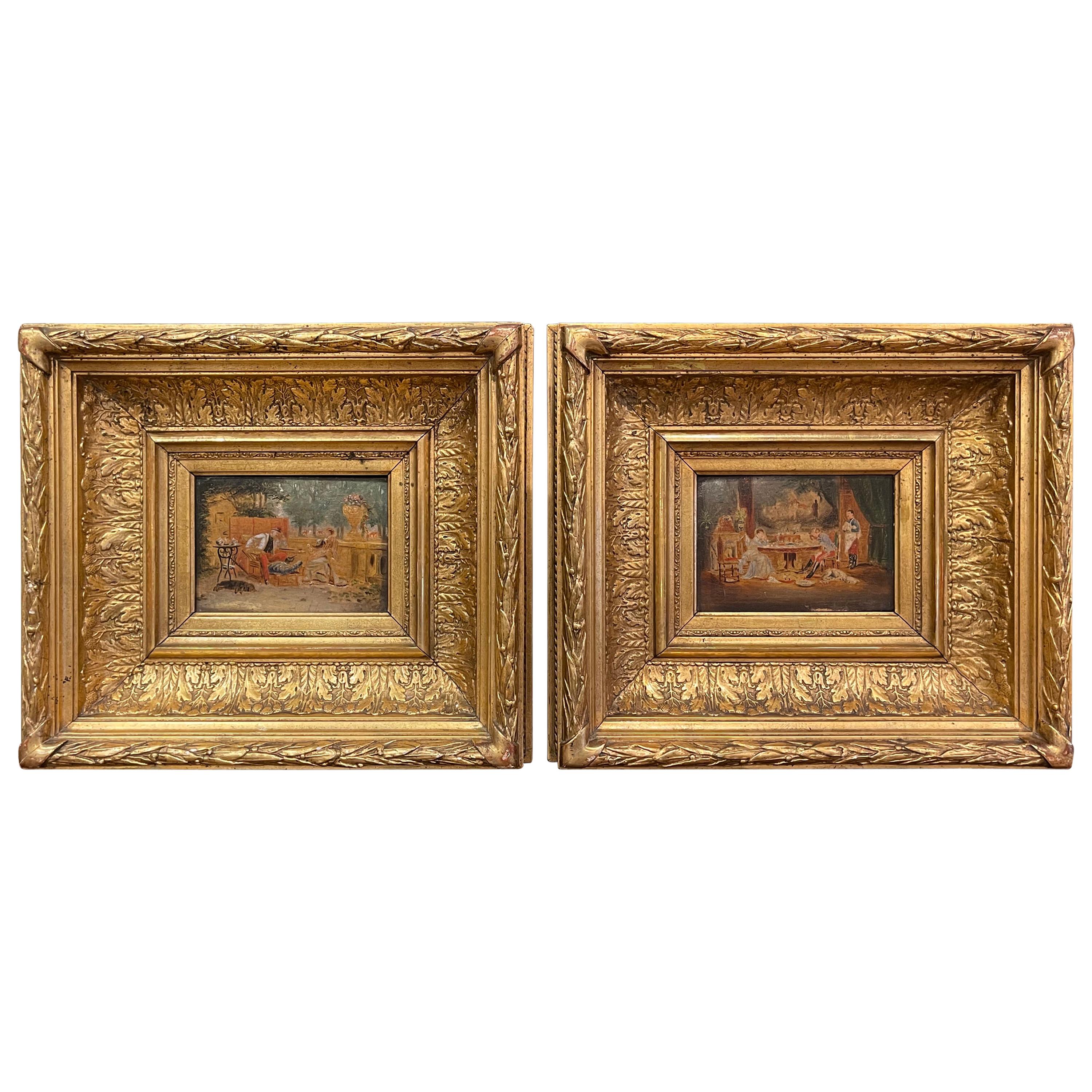 Pair of 19th Century French Oil on Board Paintings in Carved Gilt Frames