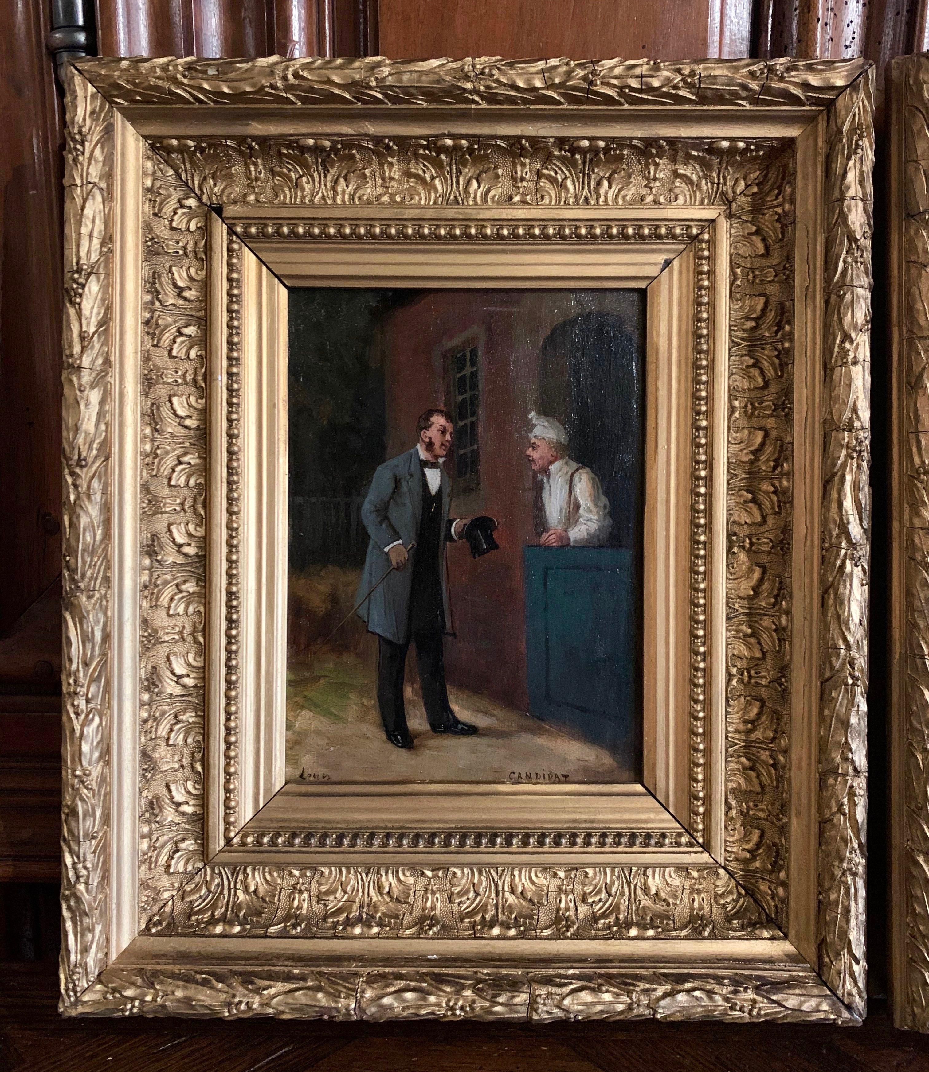 Decorate a man's office or study with this elegant pair of antique paintings; crafted in France and set in the original carved giltwood frame, each canvas features a nicely dressed political gentleman before and after the elections. The first art