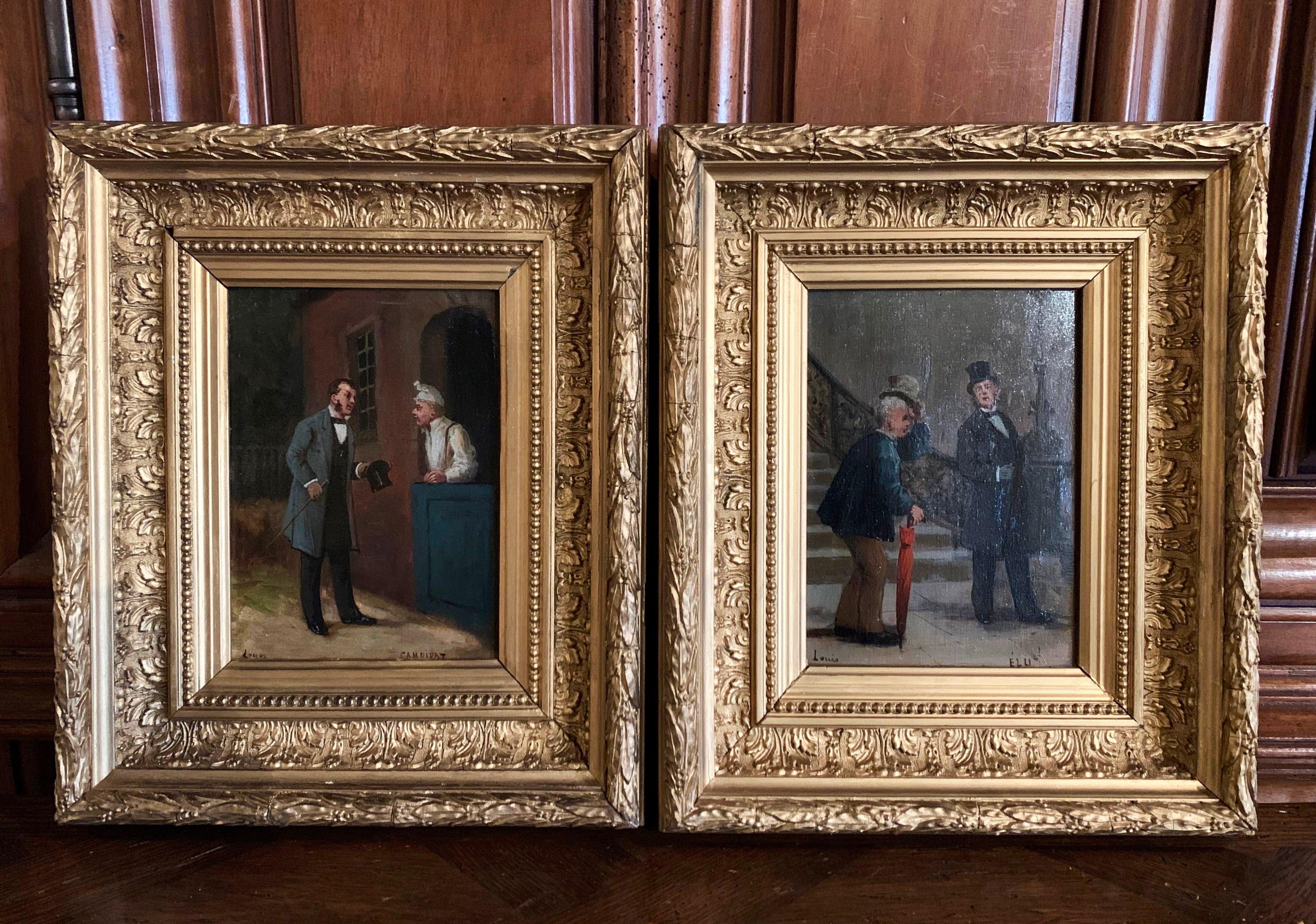Doré Paire de peintures à l'huile sur toile françaises du 19ème siècle dans des cadres dorés signés Louis en vente