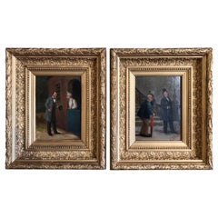 Antique Pair of 19th Century French Oil on Canvas Paintings in Gilt Frames Signed Louis