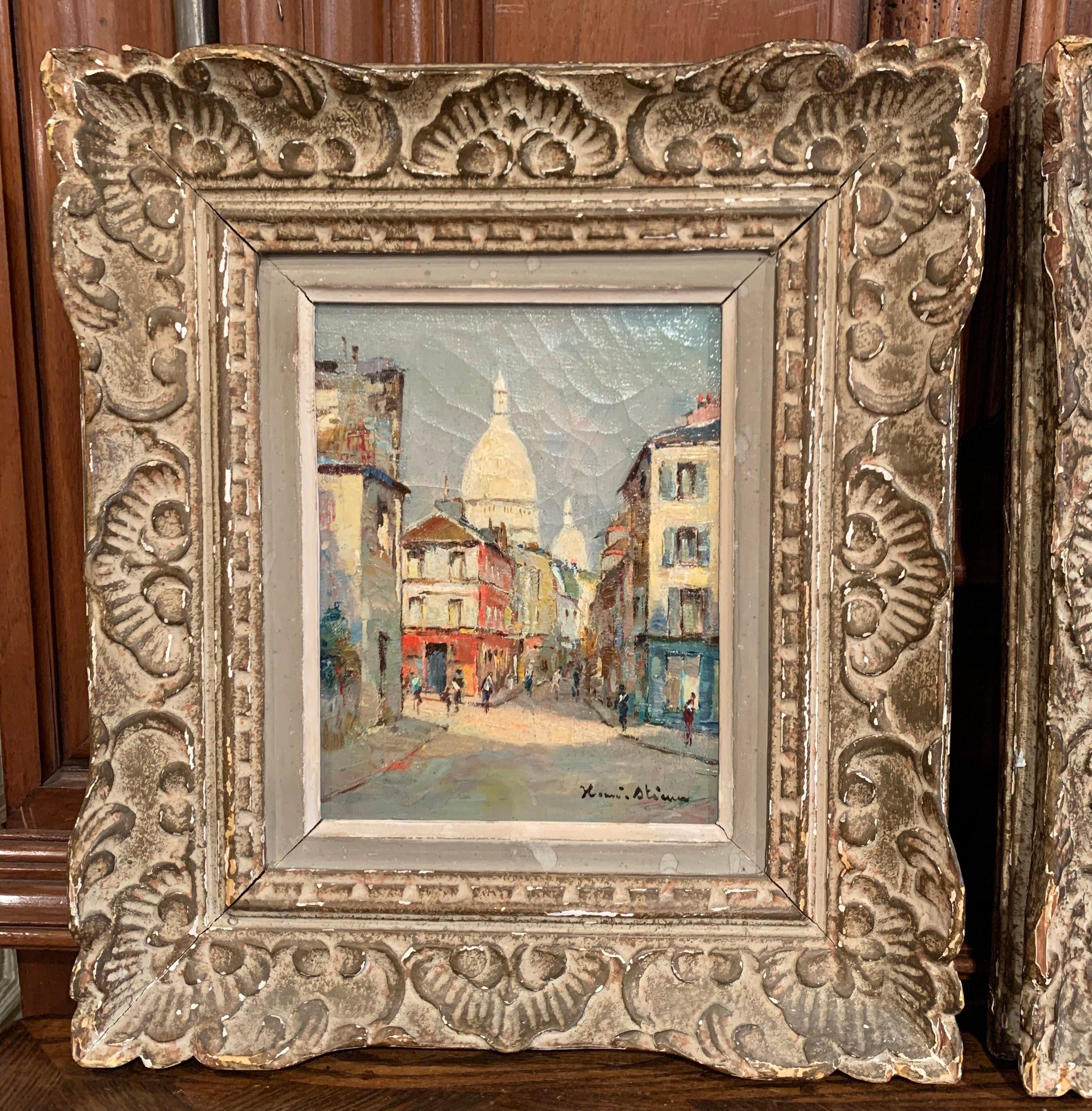 These beautiful antique oil on canvas paintings were created in France, circa 1890. Each art work, is set inside an ornate, carved frame, and depicts two Parisian streets with two iconic landmarks in the background, 