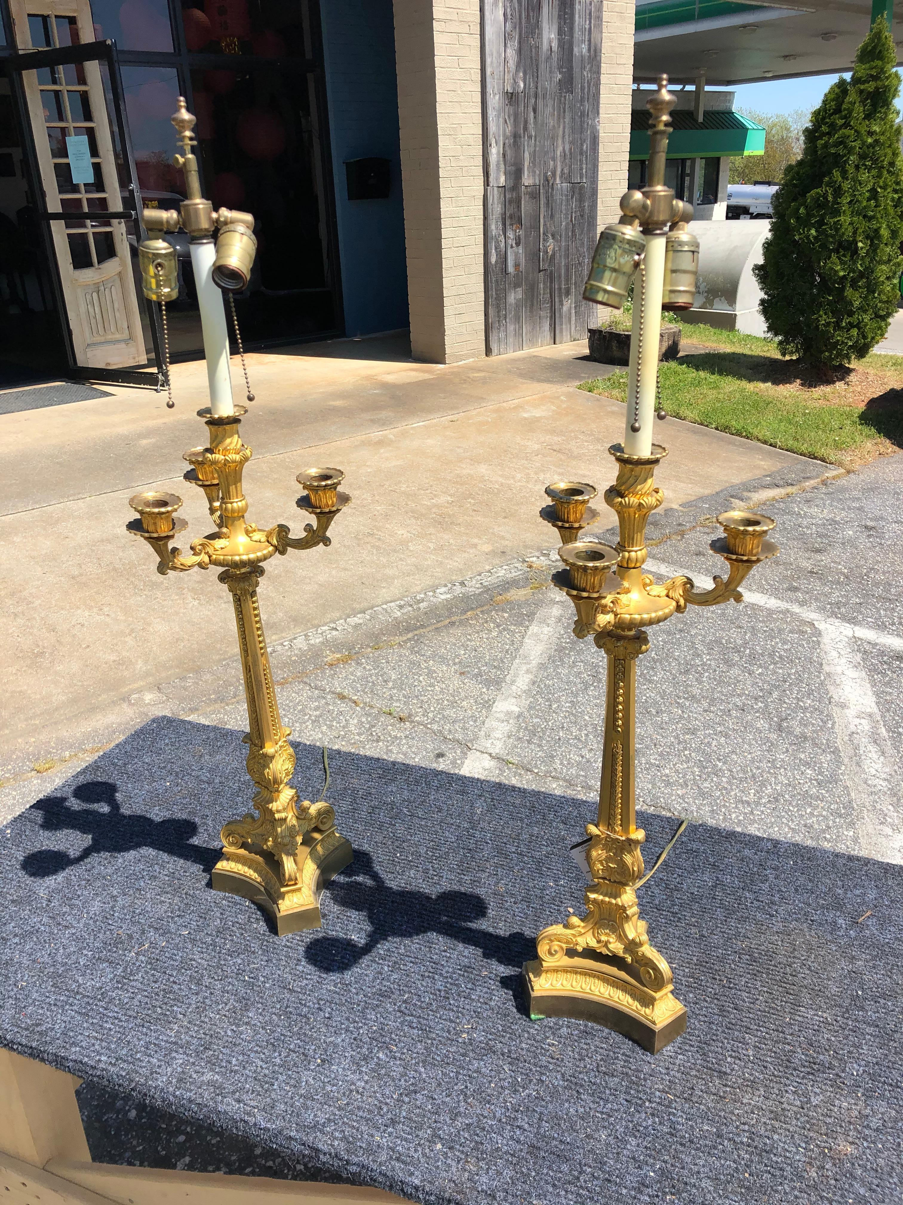 Pair of 19th Century French Ormolu Candelabra Lamps In Good Condition In Charleston, SC