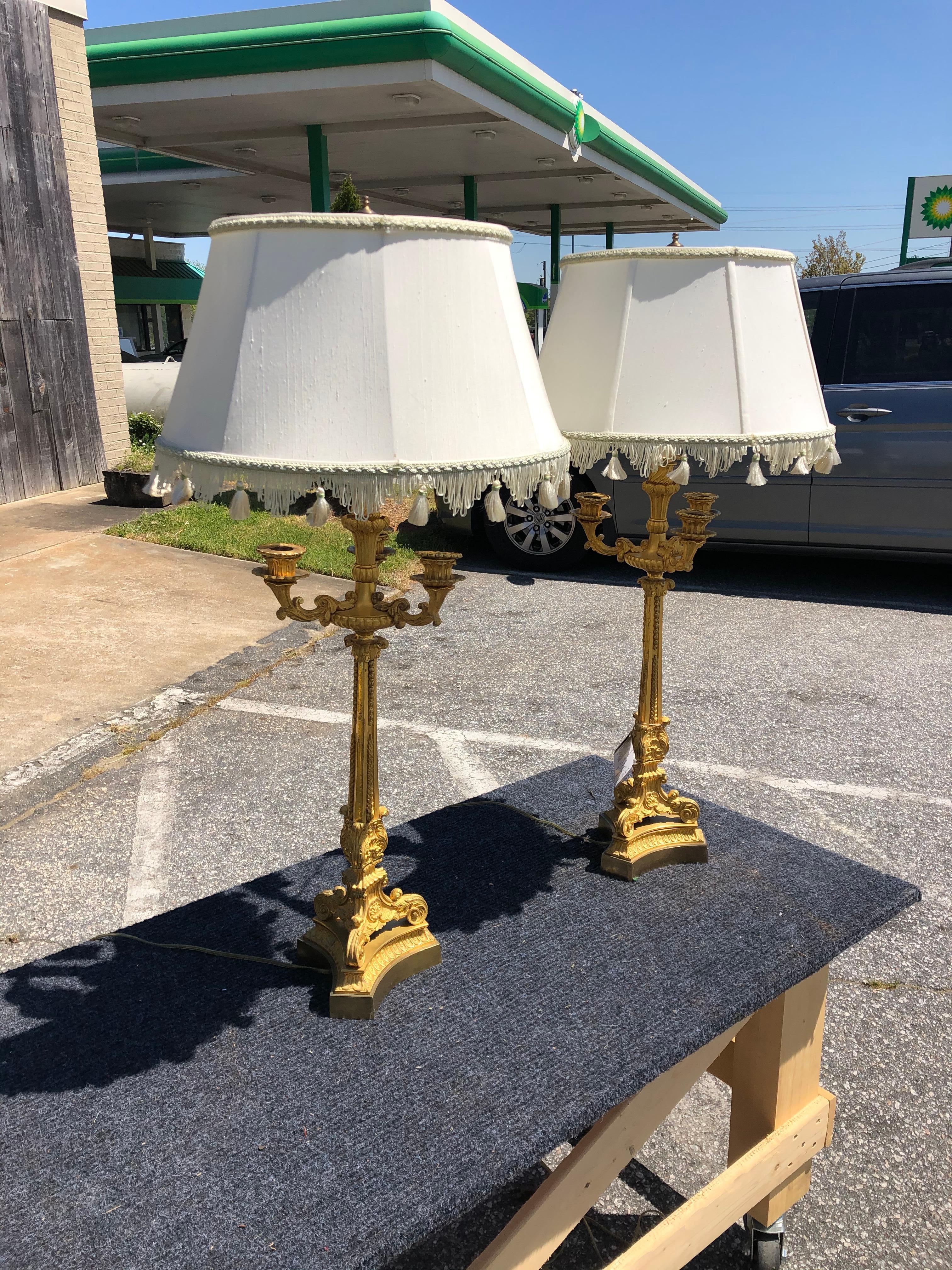 Bronze Pair of 19th Century French Ormolu Candelabra Lamps