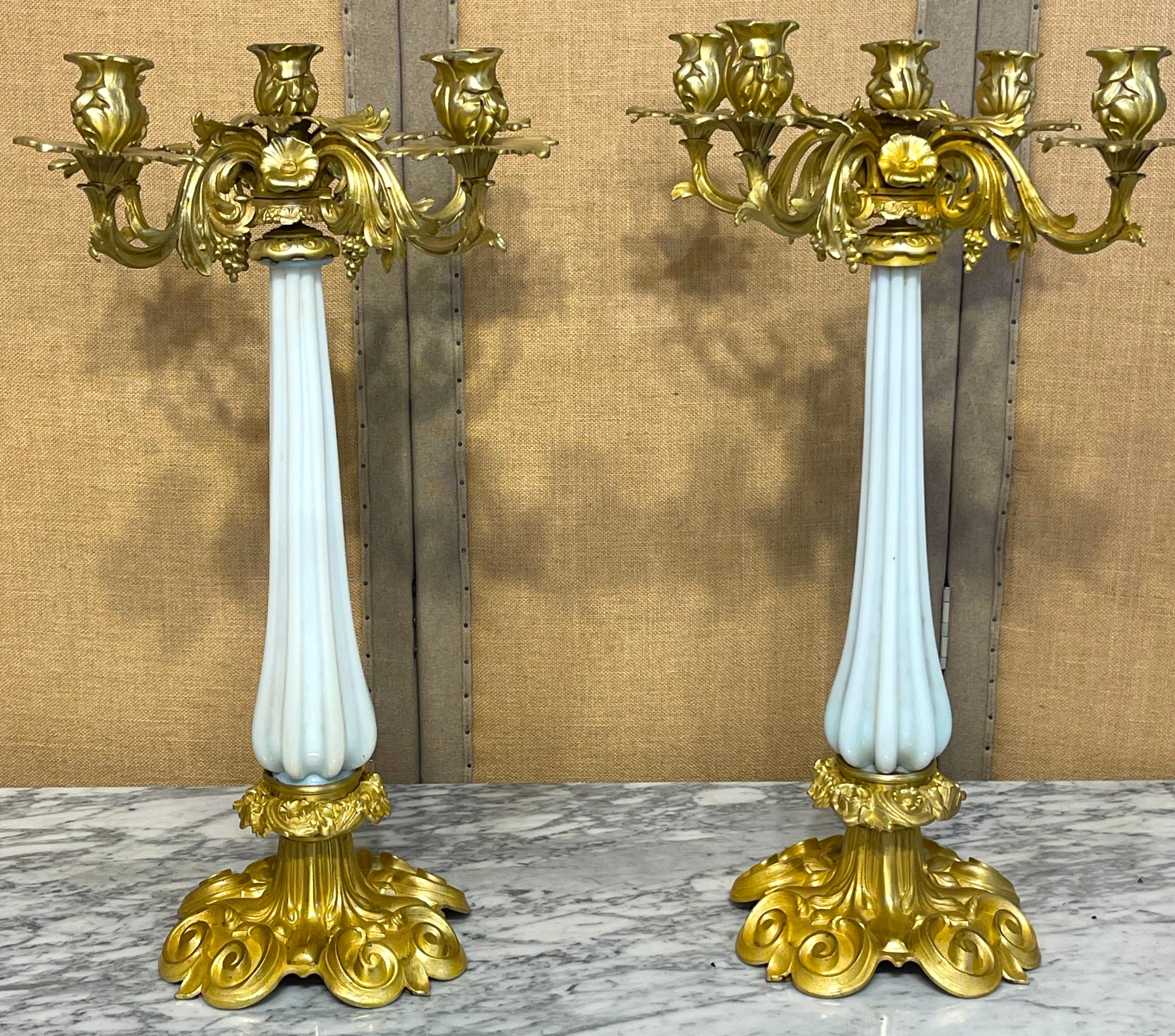 High Victorian Pair of 19th Century French Ormolu & Opaline Palais Royal Candelabra For Sale