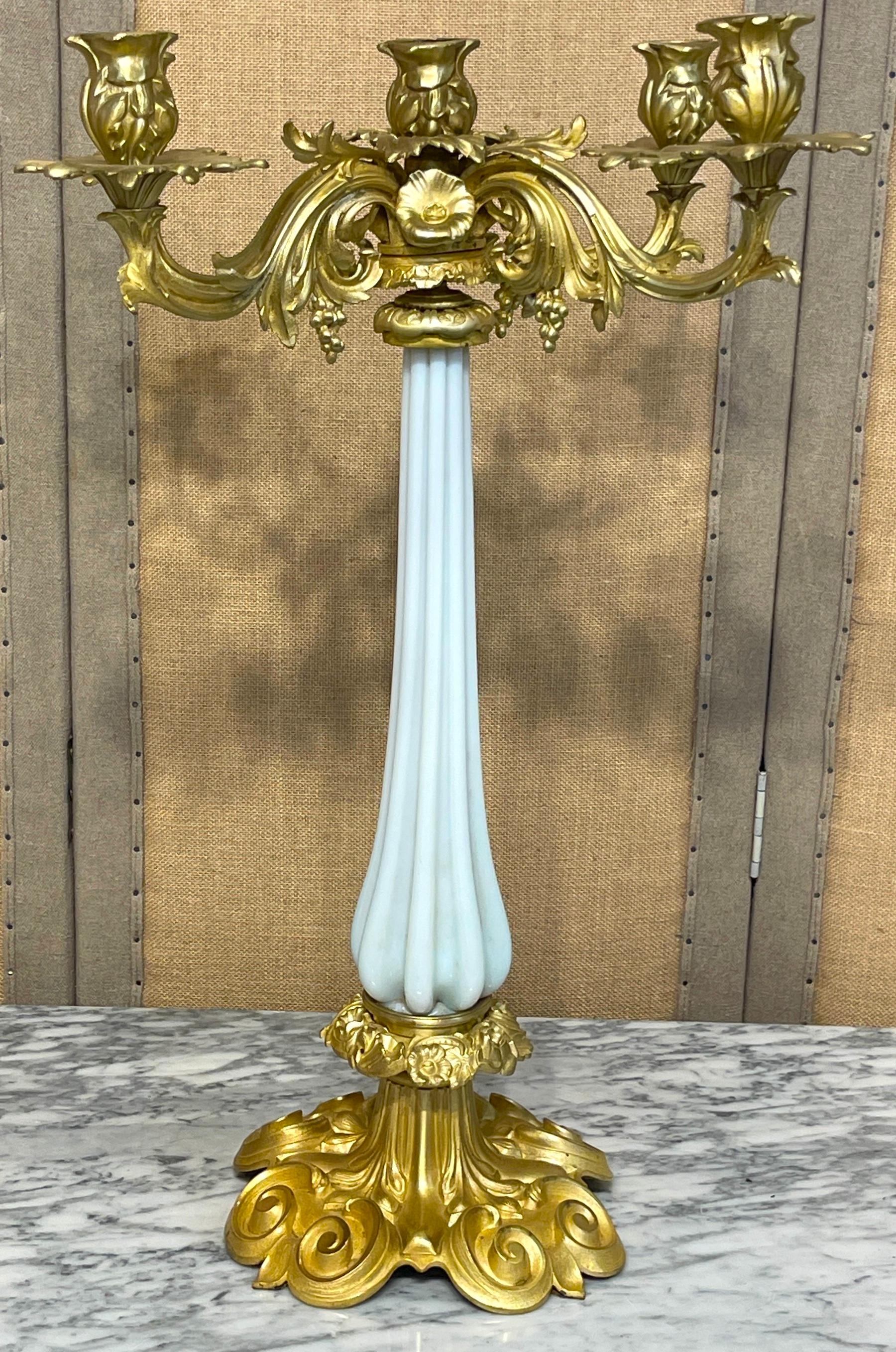 Pair of 19th Century French Ormolu & Opaline Palais Royal Candelabra In Good Condition For Sale In West Palm Beach, FL