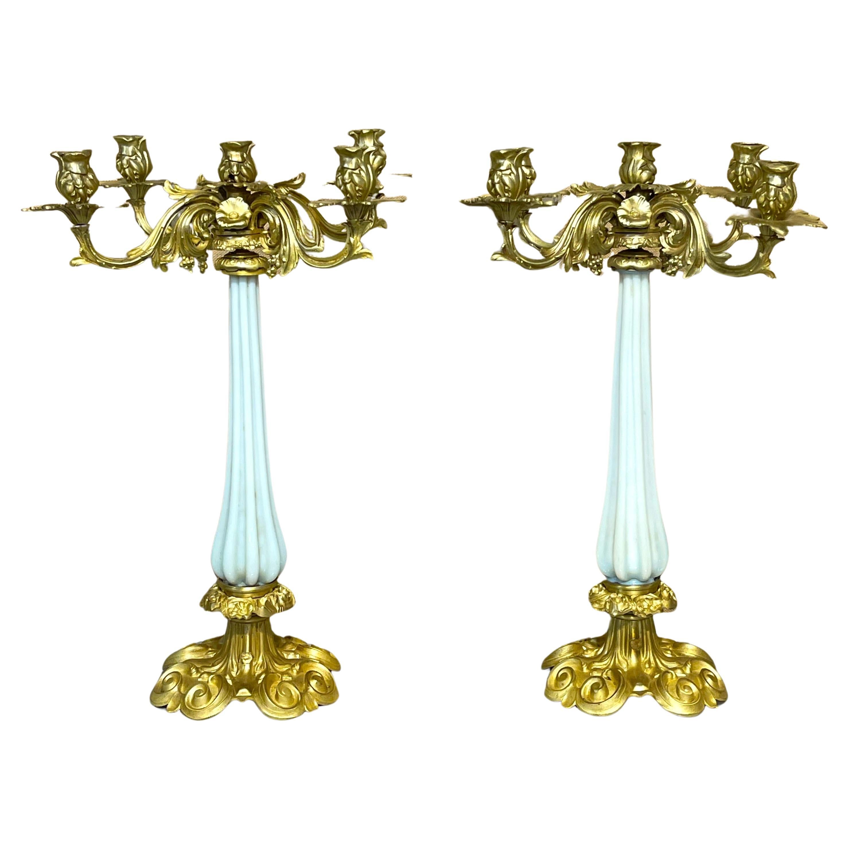 Pair of 19th Century French Ormolu & Opaline Palais Royal Candelabra For Sale