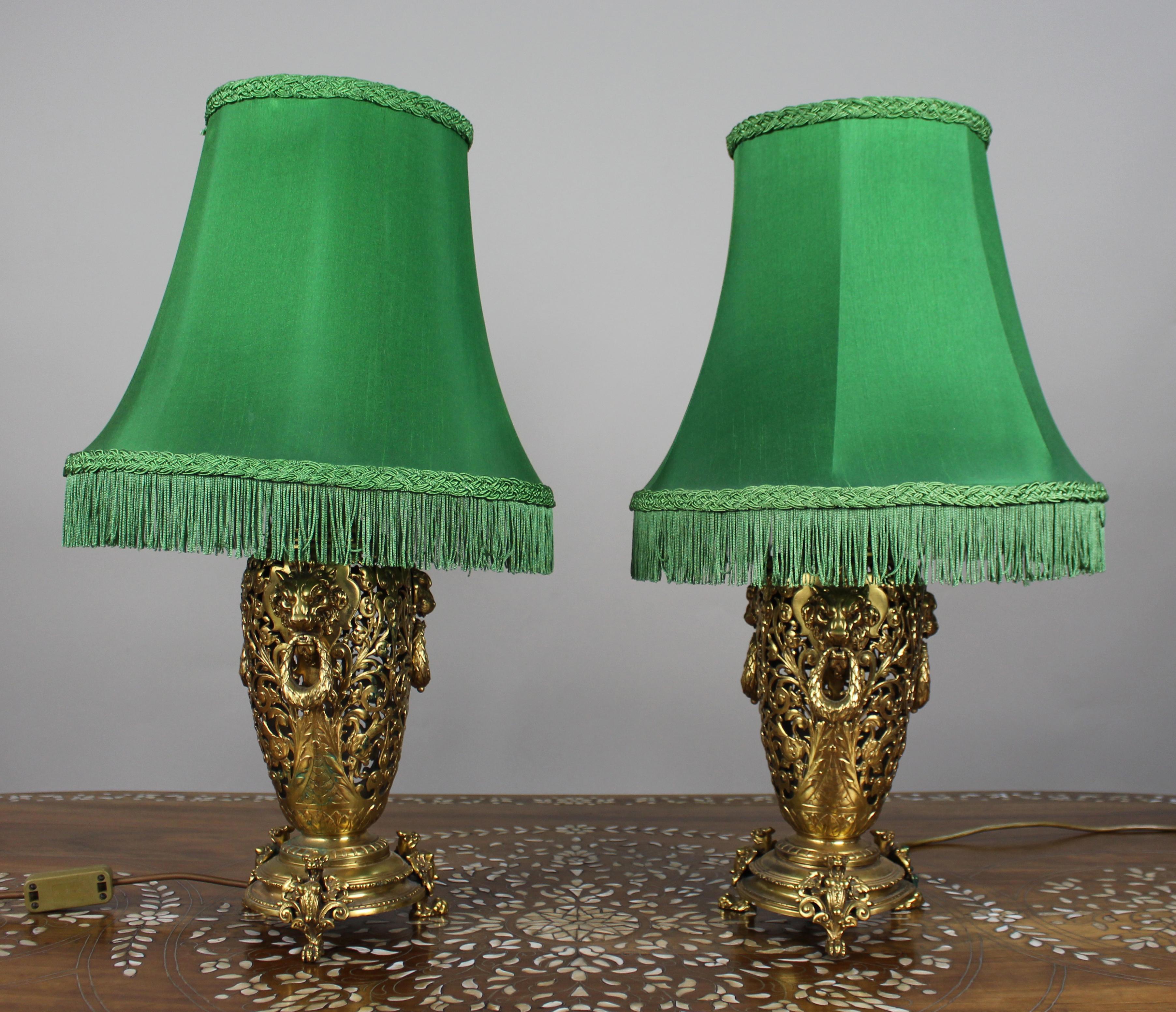 Pair of 19th Century French Ormolu Table Lamps with Lion Masks – c.1890

A decorative and well-cast pair of late 19th century French ormolu table lamps, dating to around 1890.

The pierced openwork bodies are richly ornamented with scrolling foliage