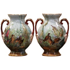 Antique Pair of 19th Century French Painted and Gilt Porcelain Vases with Bird Decor