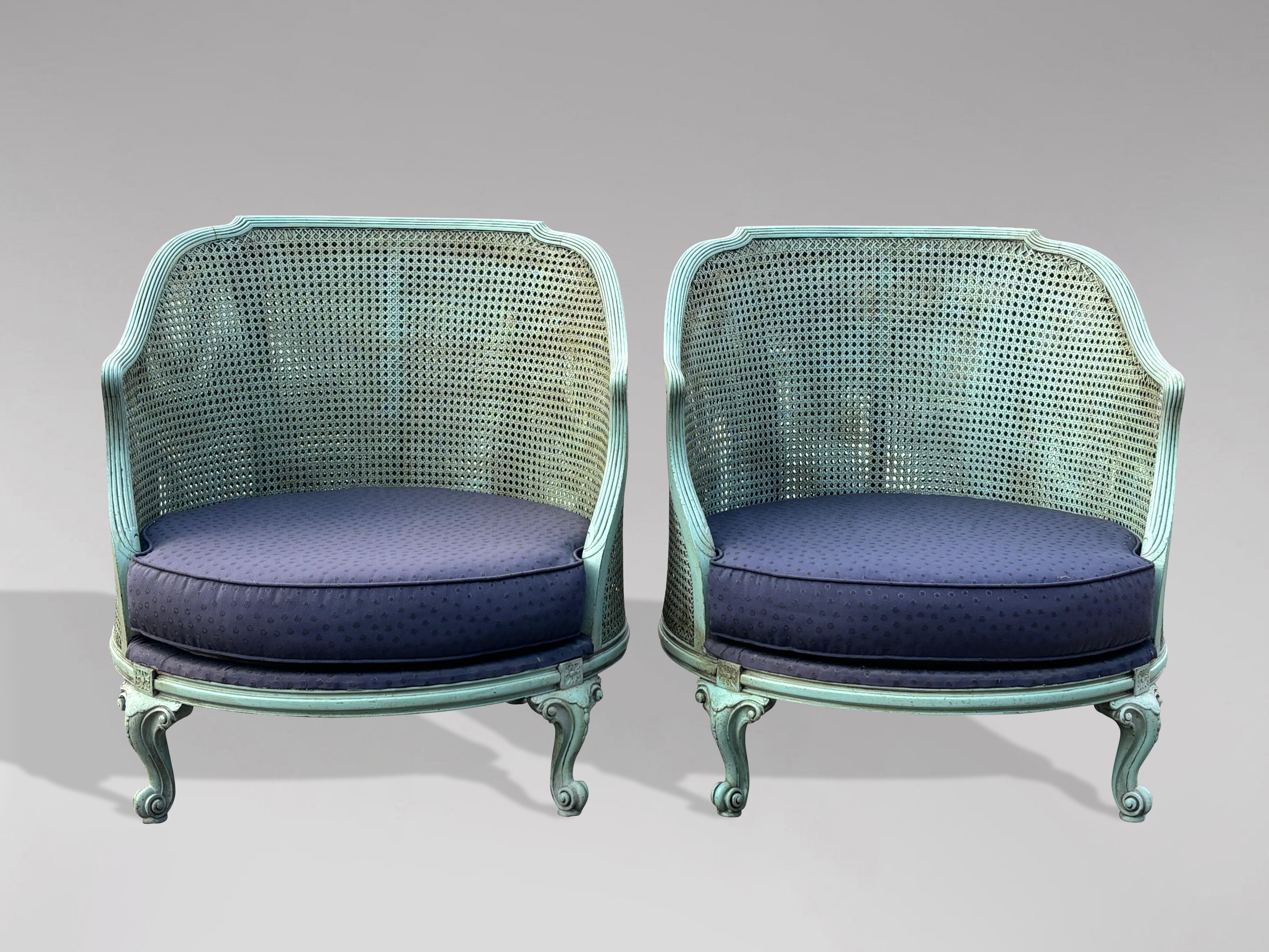 Pair of 19th Century French Painted Cane Bergère Armchairs In Good Condition For Sale In Petworth,West Sussex, GB