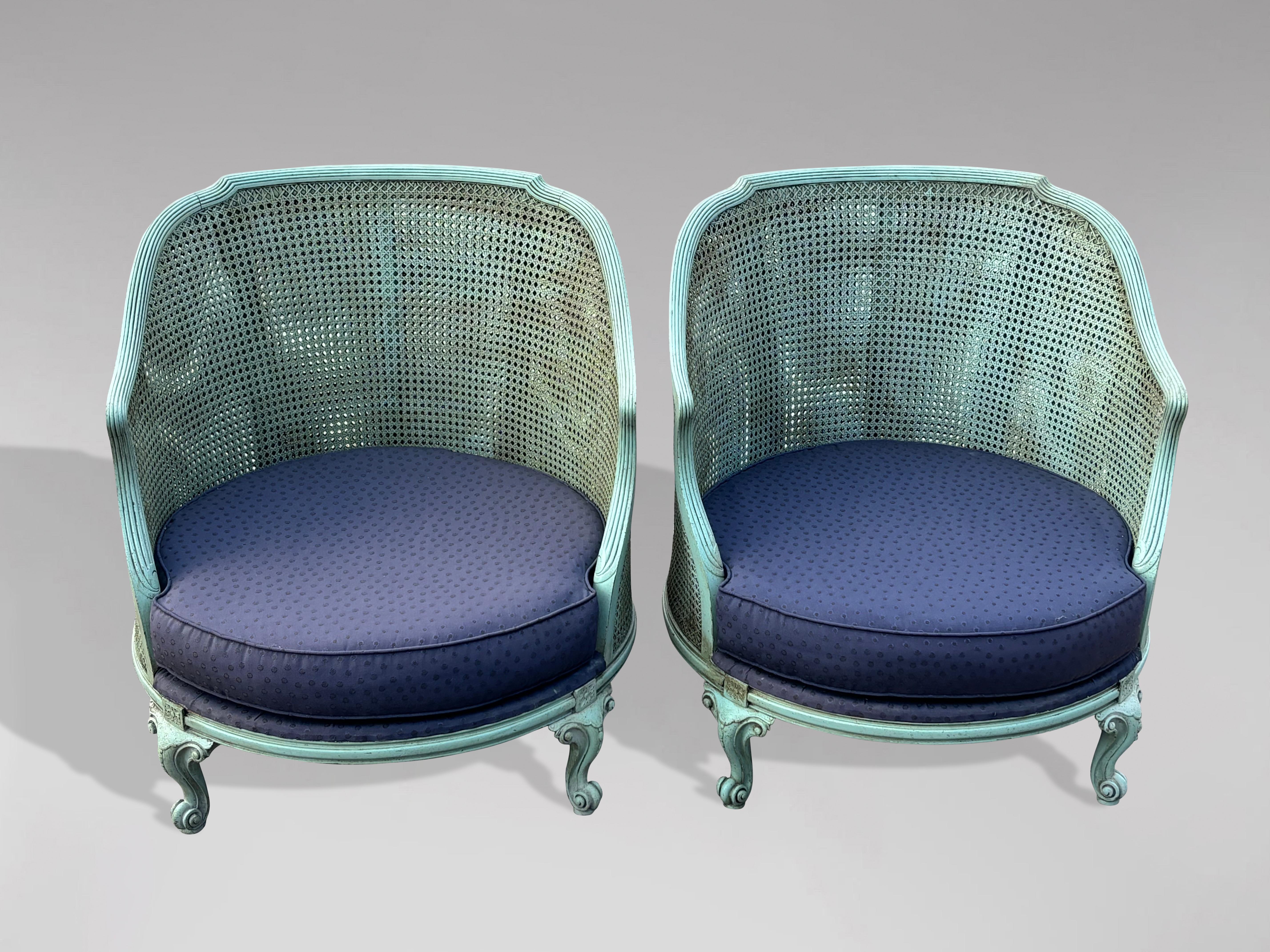 Pair of 19th Century French Painted Cane Bergère Armchairs For Sale 1