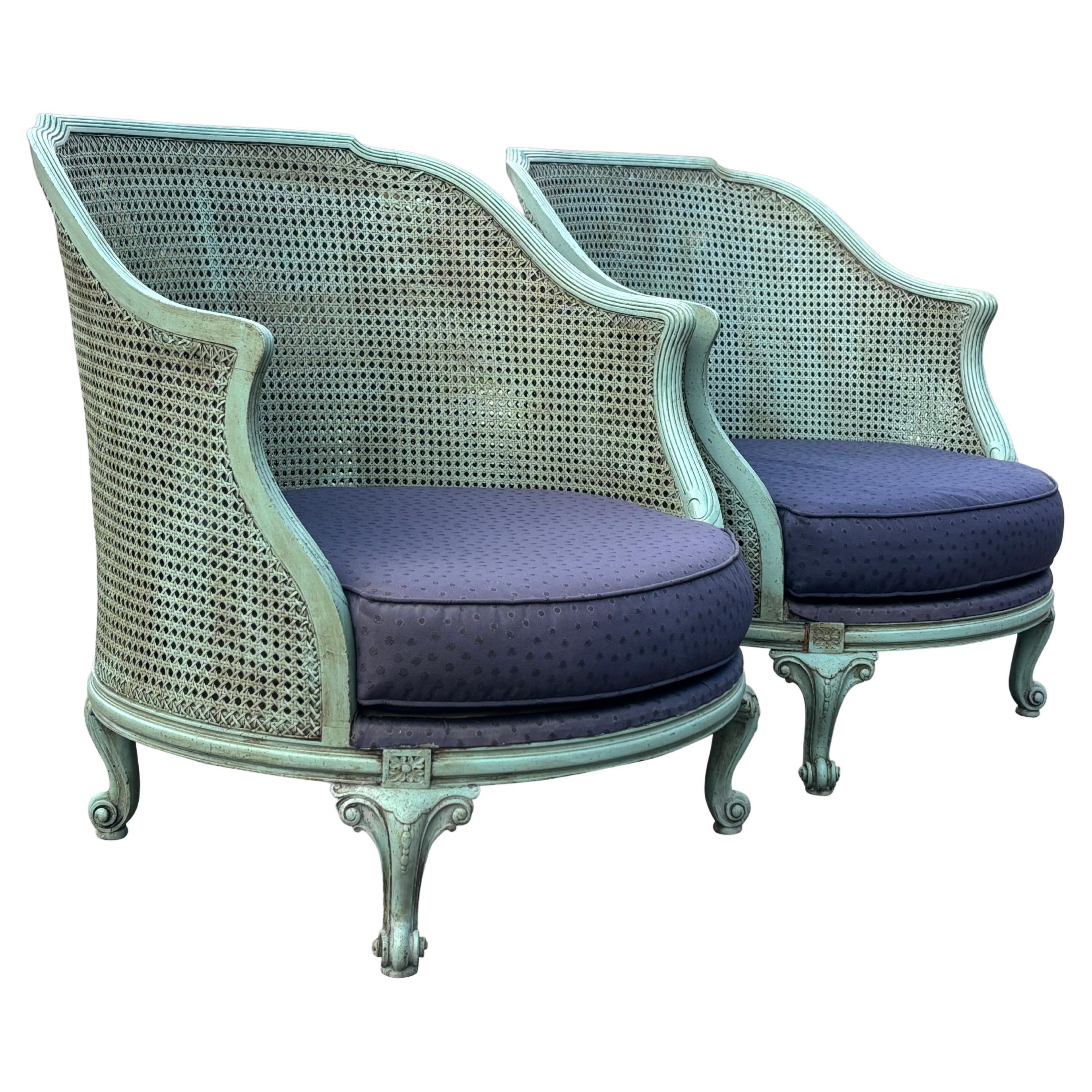 Pair of 19th Century French Painted Cane Bergère Armchairs For Sale