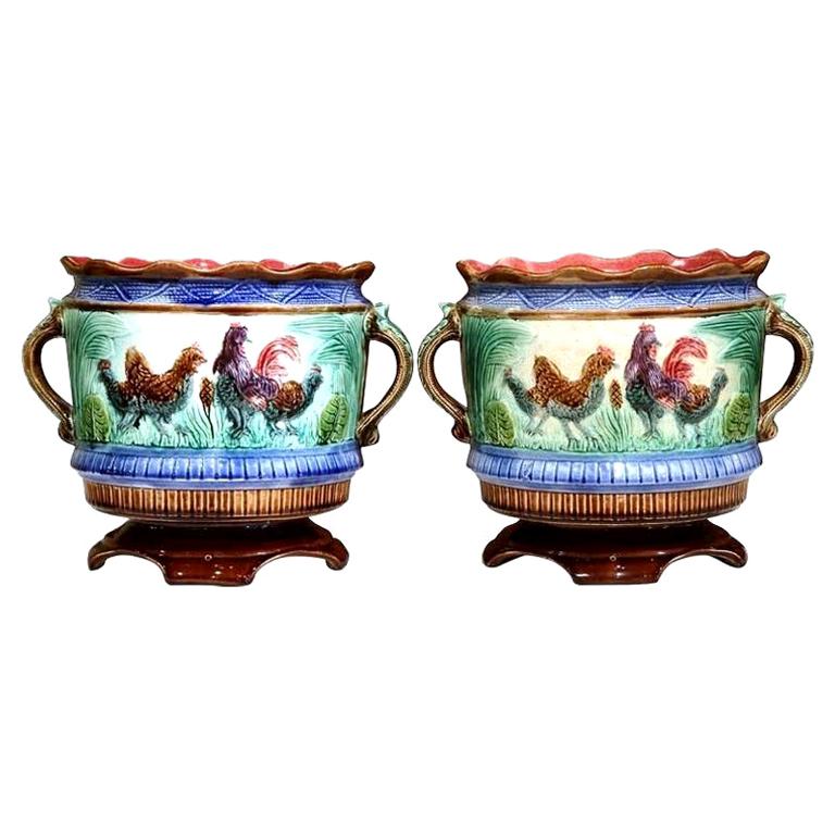 Pair of 19th Century French Painted Ceramic Barbotine Cache Pots with Chicken