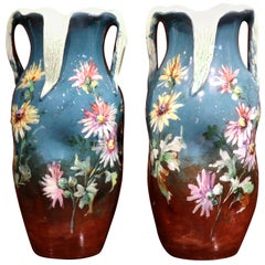 Pair of 19th Century French Painted Ceramic Barbotine Vases Signed J. Massier