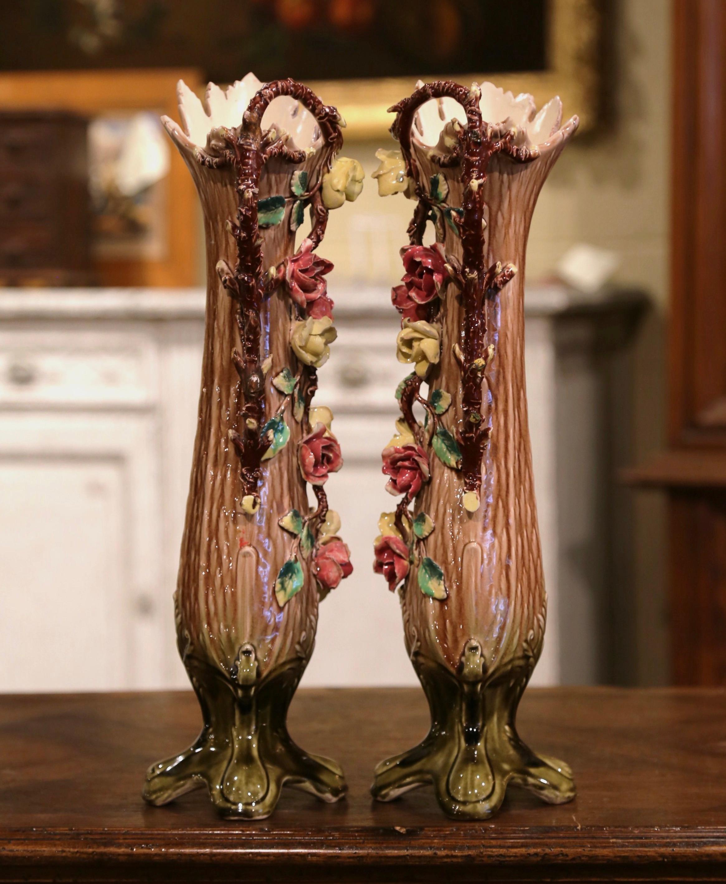 Pair of 19th Century French Painted Ceramic Barbotine Vases with Floral Decor For Sale 5