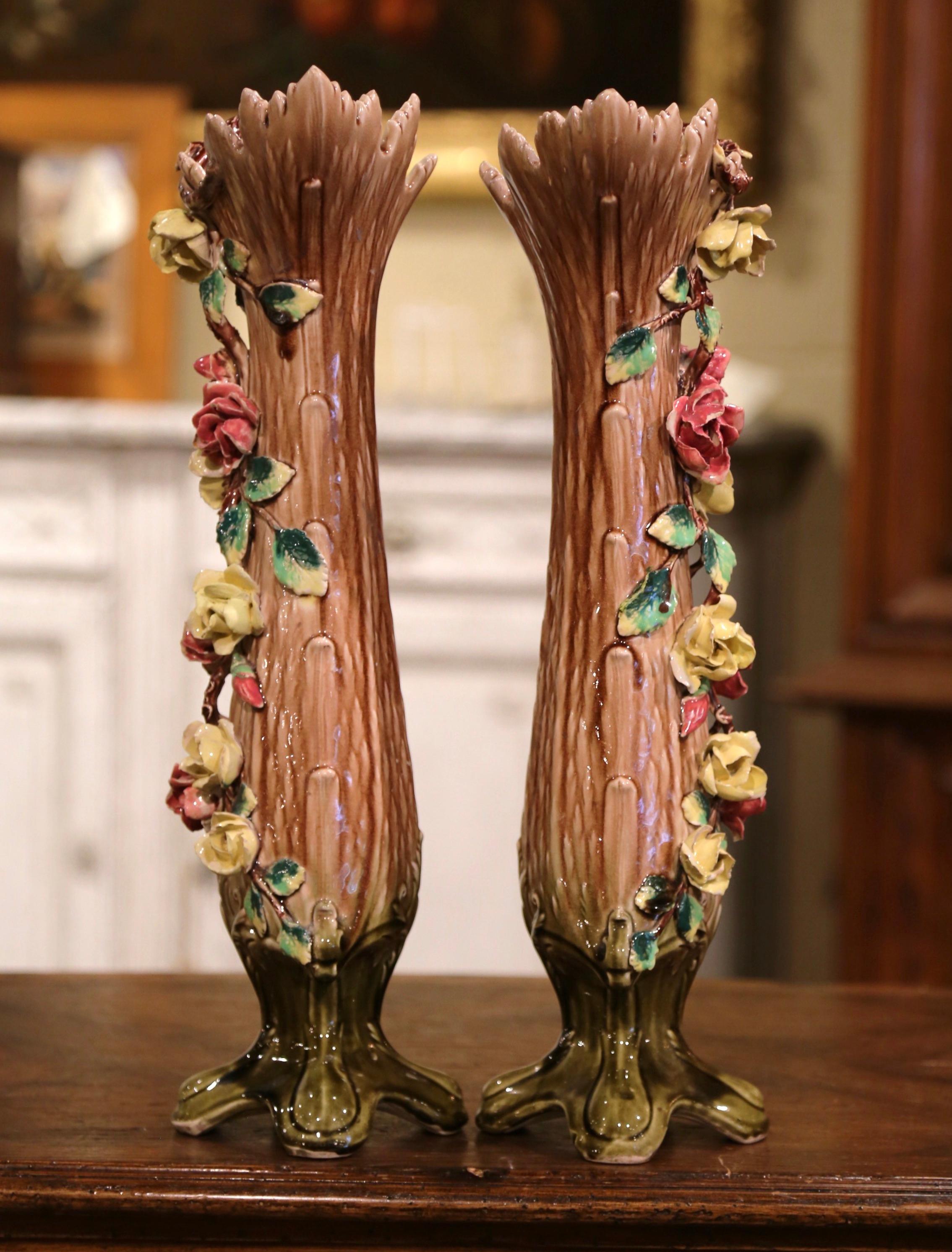 Pair of 19th Century French Painted Ceramic Barbotine Vases with Floral Decor For Sale 7