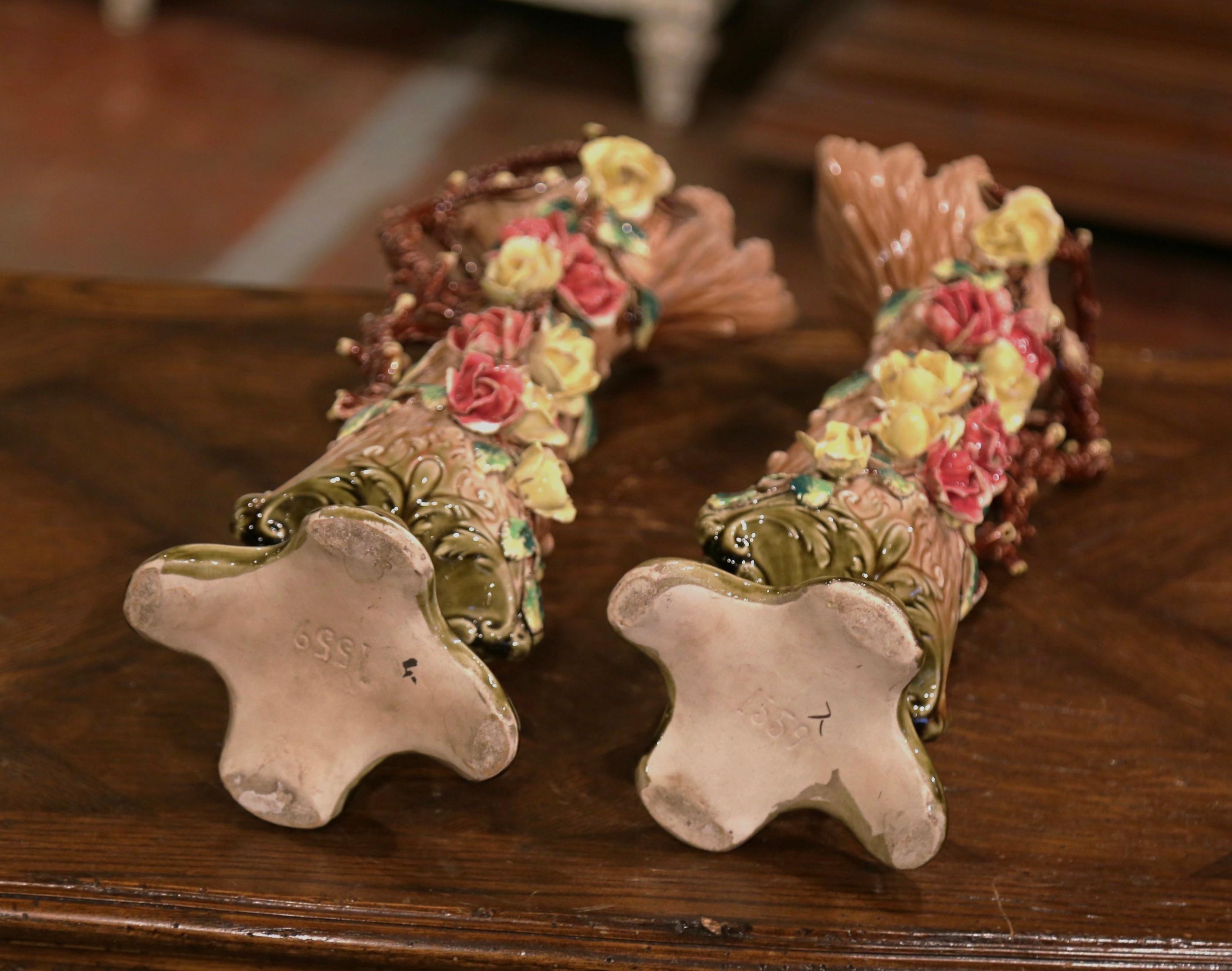 Pair of 19th Century French Painted Ceramic Barbotine Vases with Floral Decor For Sale 8