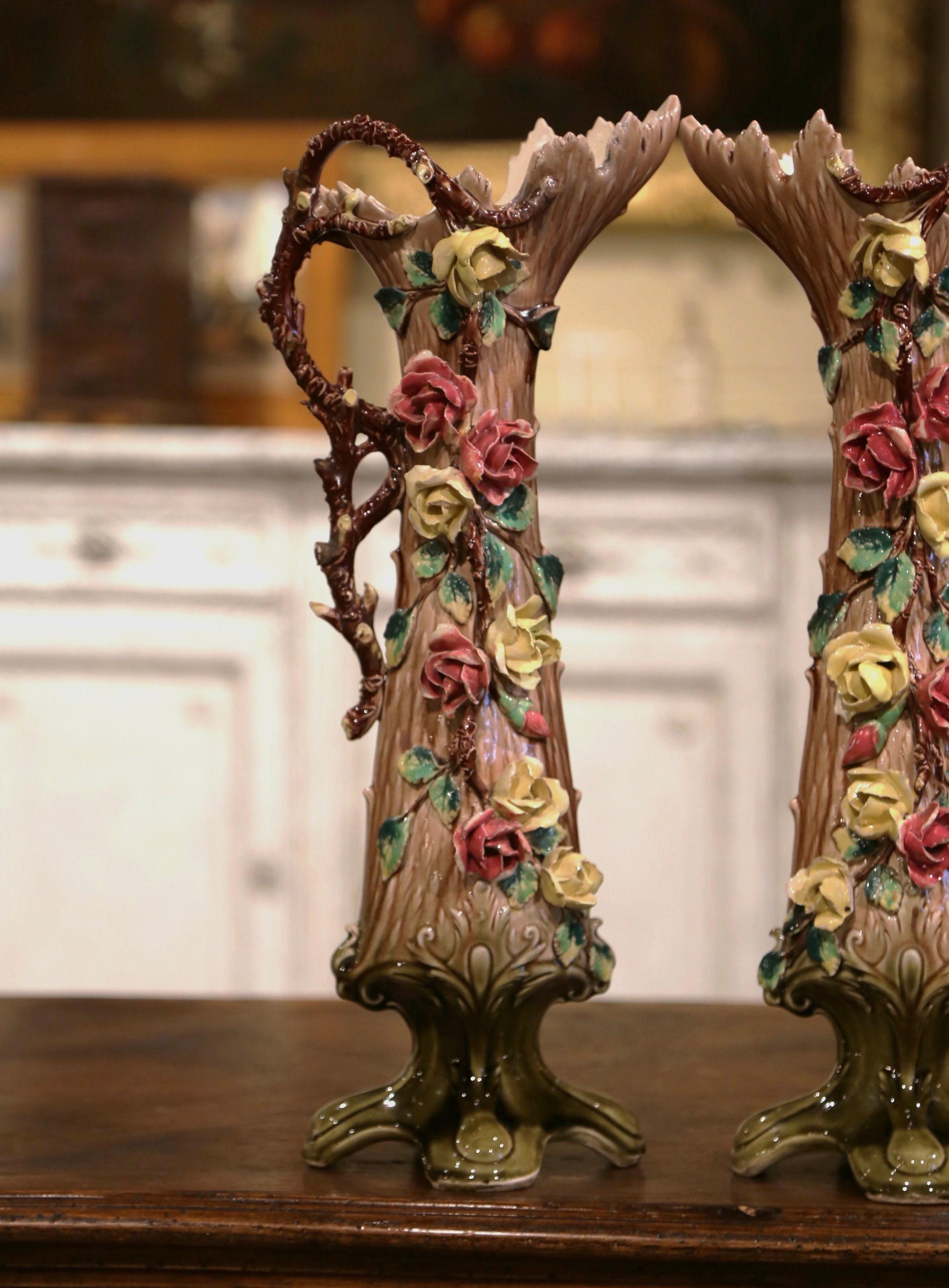 Hand-Painted Pair of 19th Century French Painted Ceramic Barbotine Vases with Floral Decor For Sale